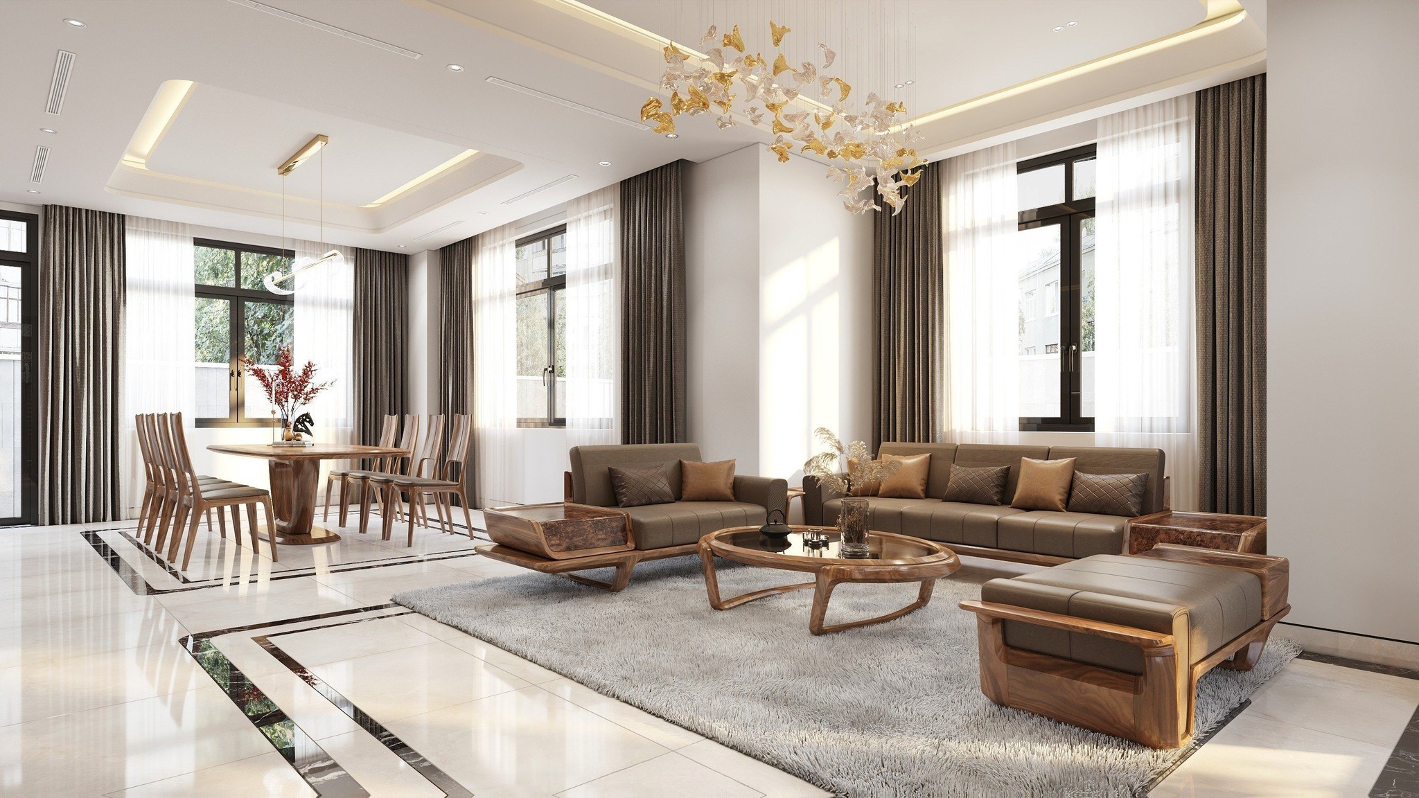 sofa gỗ óc chó màu nâu hạt dẻ bố cục chữ U hiện đại