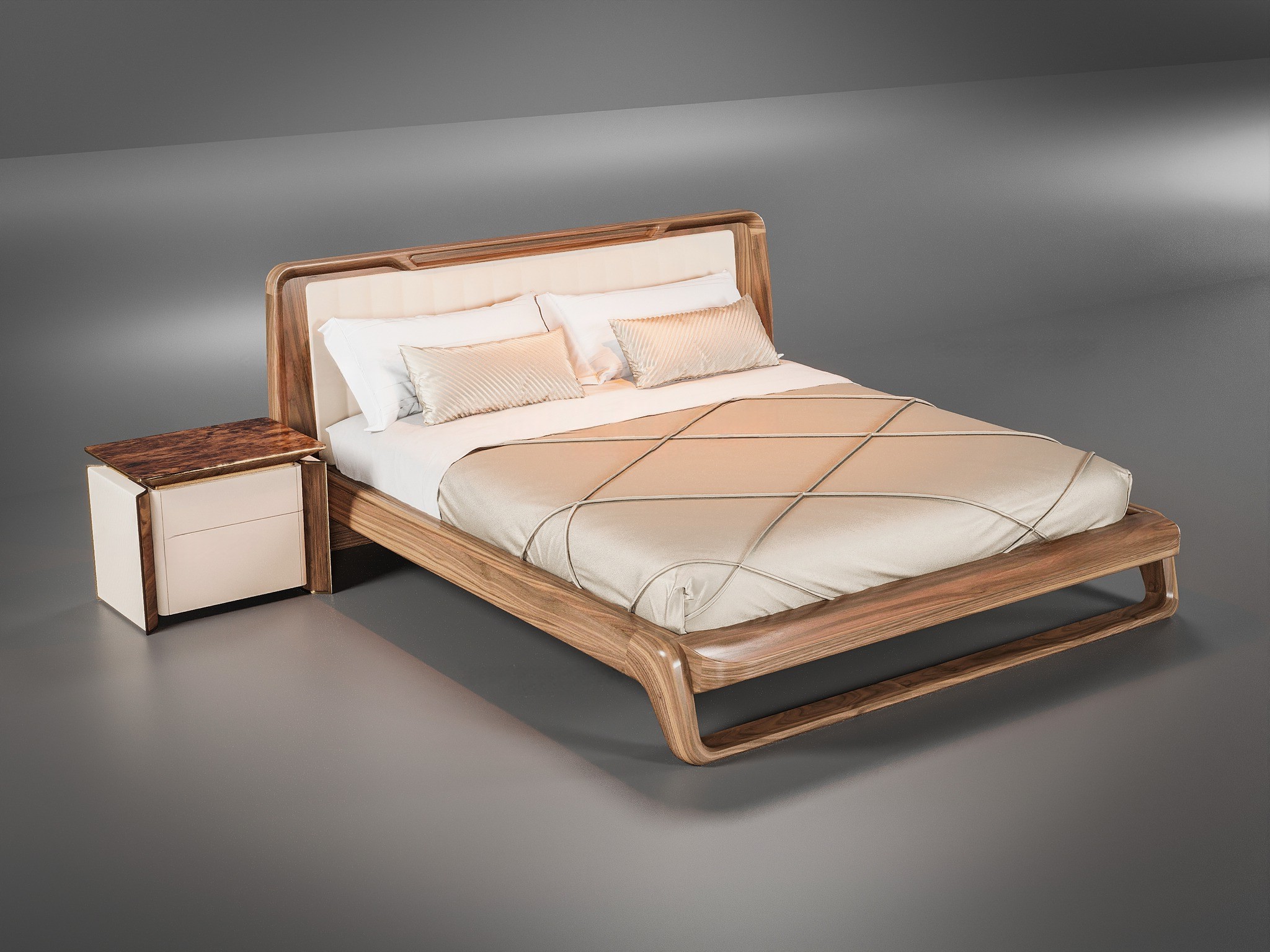 Giường gỗ óc chó bọc nệm đầu giường mềm mại, kết hợp khung gỗ tự nhiên chắc chắn và tinh tế.