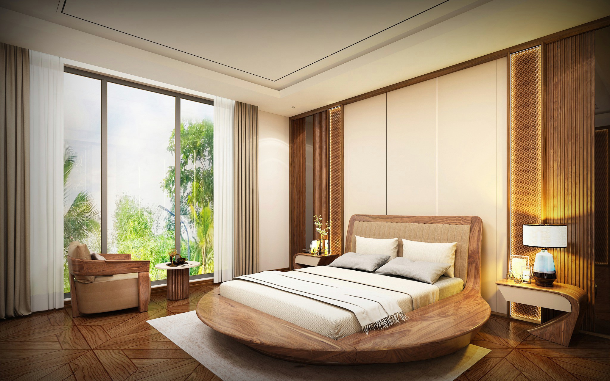 Giường gỗ óc chó cao cấp hiện đại với thiết kế sang trọng, khung giường chắc chắn và gam màu nâu trầm đặc trưng.