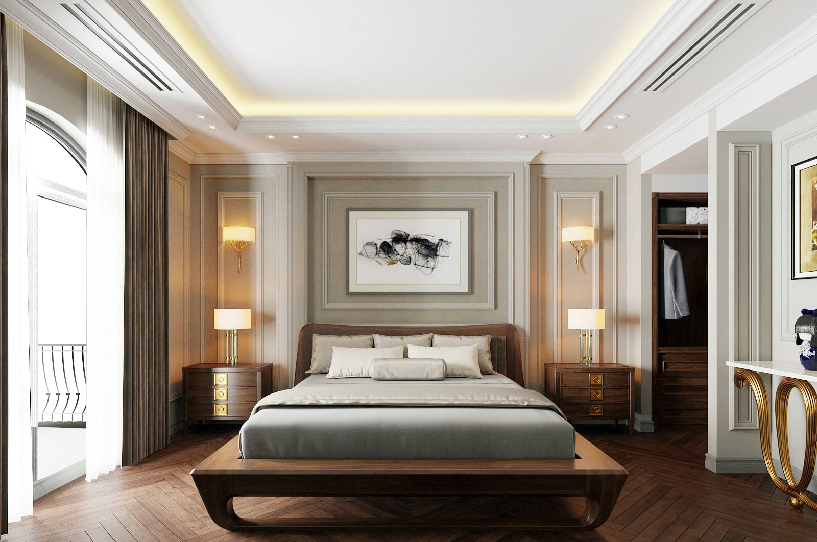giường gỗ óc chó chân quỳ đầu giường bọc da PU