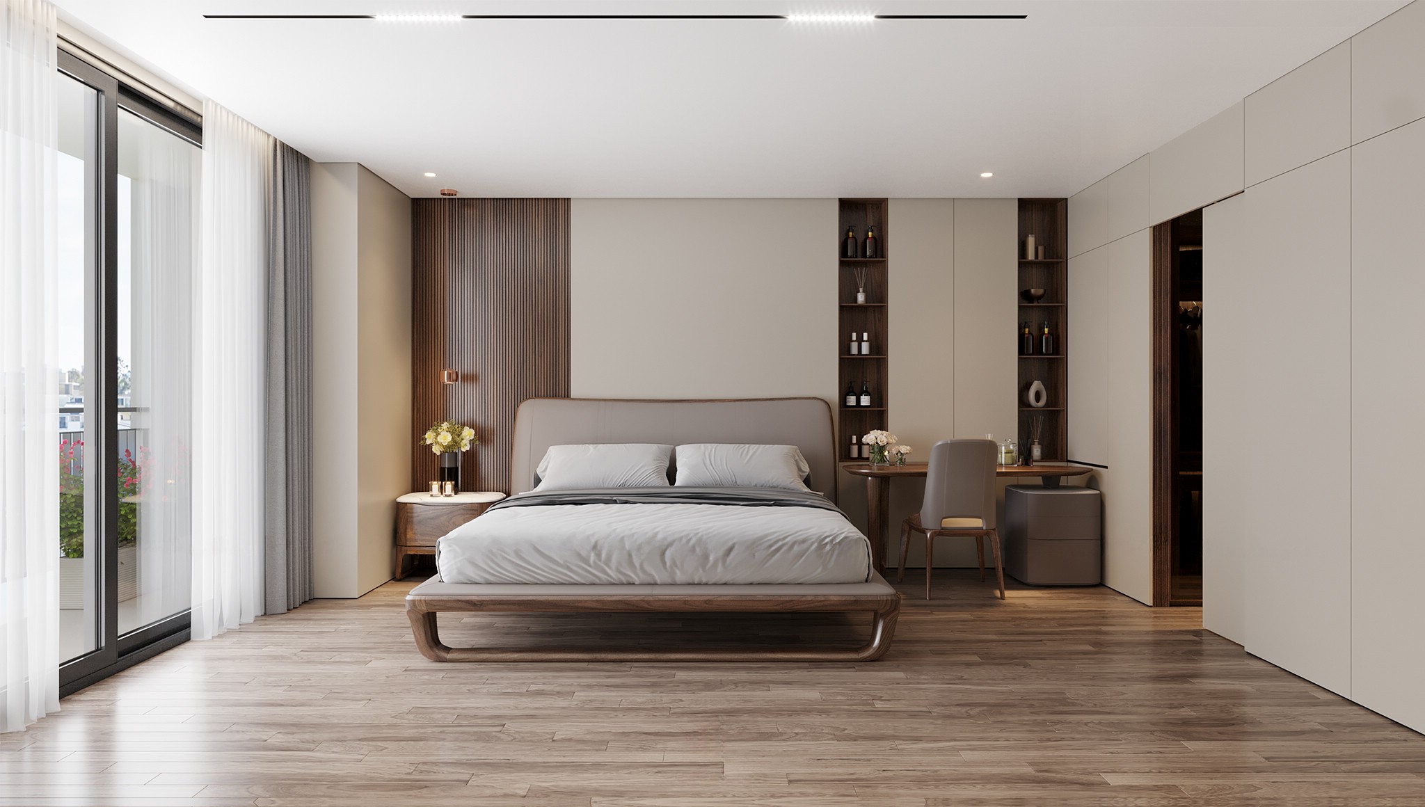 Giường gỗ óc chó chung cư đẹp với thiết kế gọn gàng, phù hợp diện tích phòng ngủ căn hộ hiện đại.