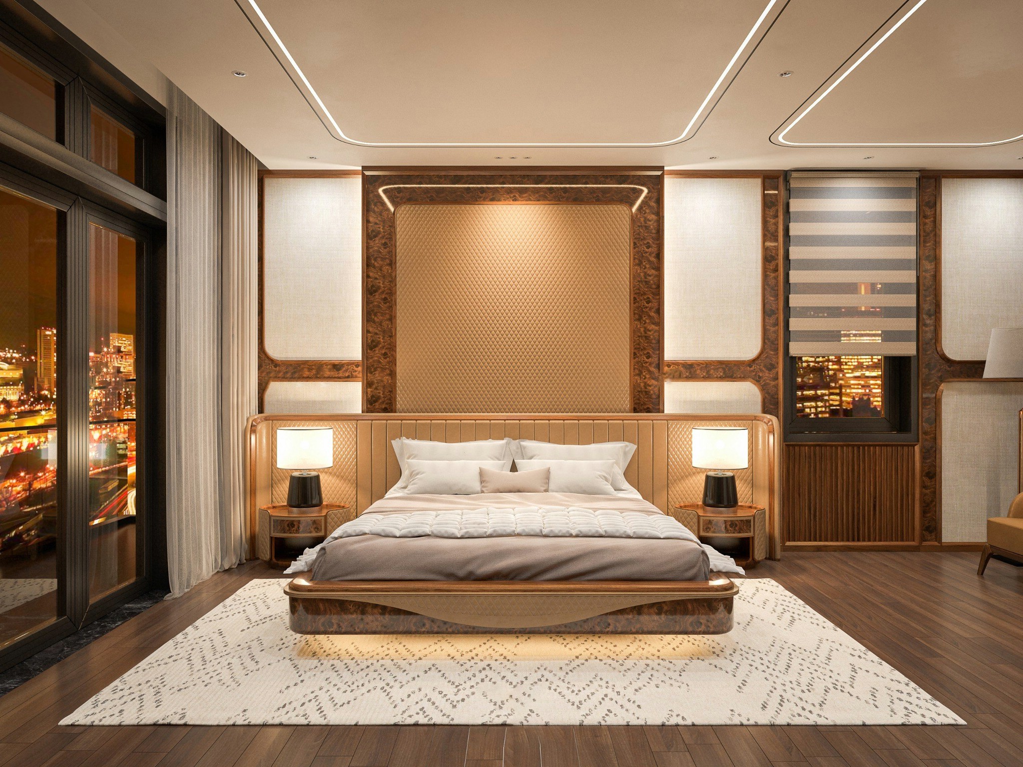 Giường gỗ óc chó công nghiệp với thiết kế hiện đại và chi phí hợp lý cho gia đình trẻ.