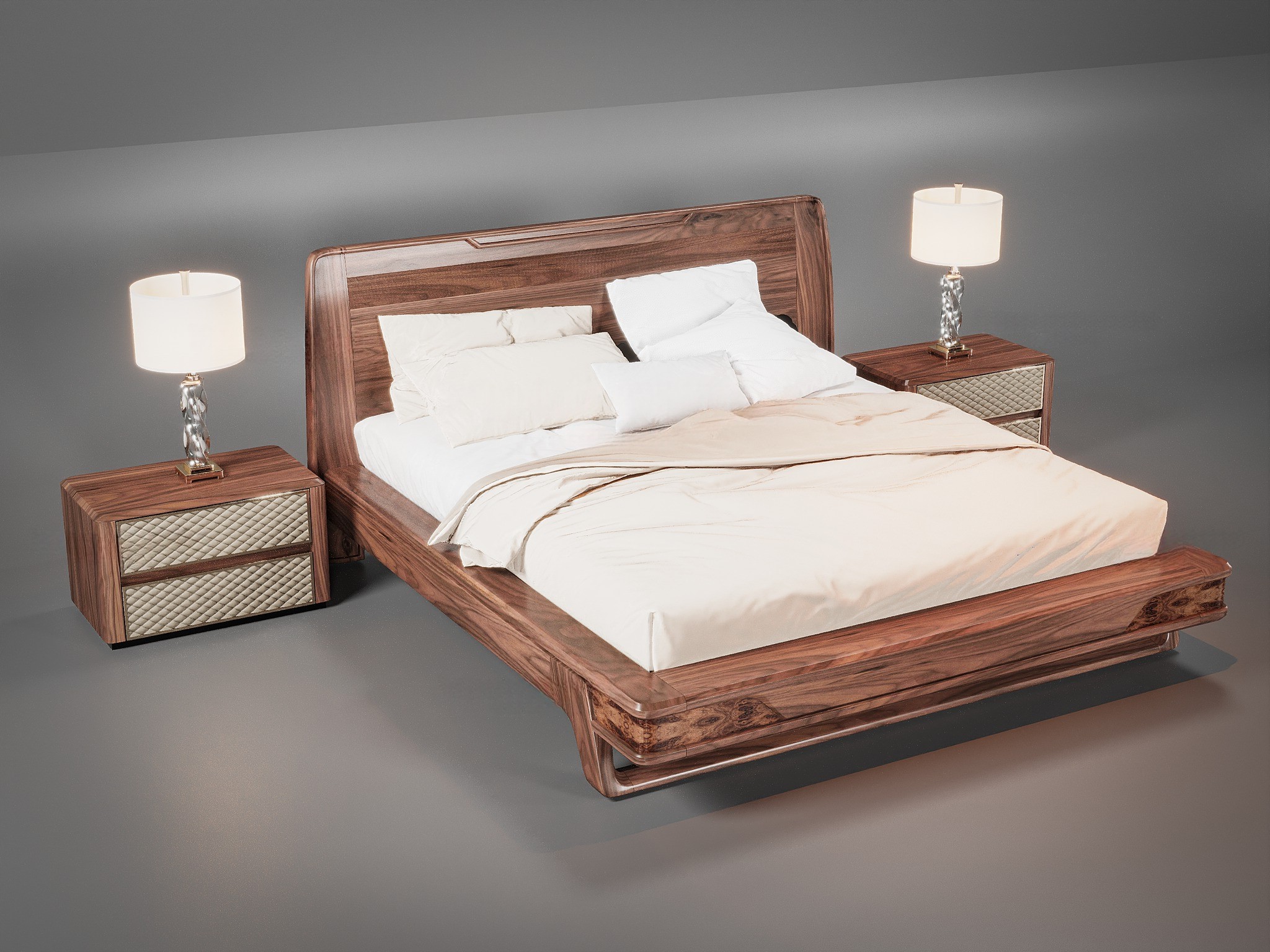 Giường gỗ óc chó cưới thiết kế trang nhã, phù hợp không gian phòng ngủ tân hôn.