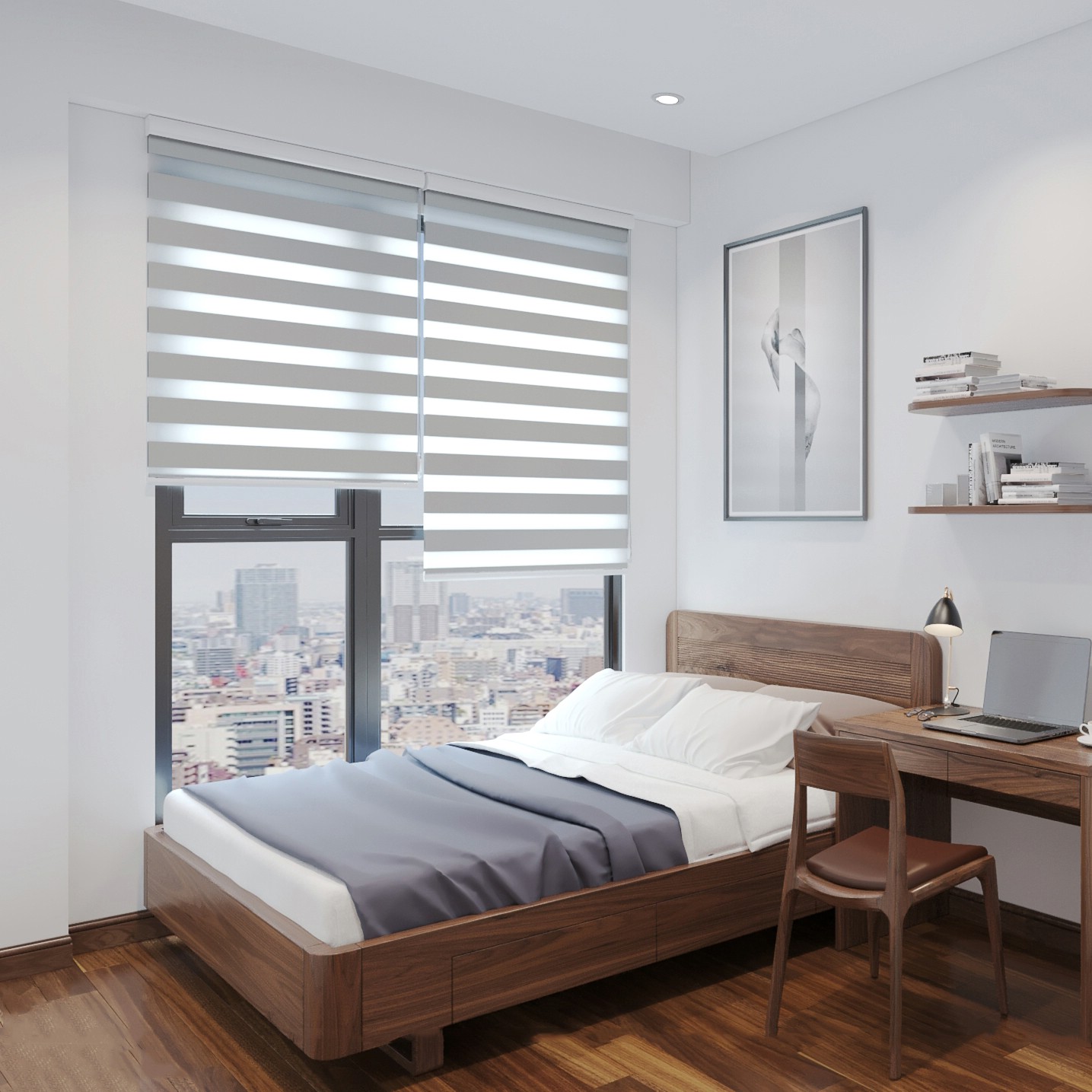 Giường gỗ óc chó đơn giản hiện đại với kiểu dáng gọn gàng, phù hợp phòng ngủ diện tích nhỏ.