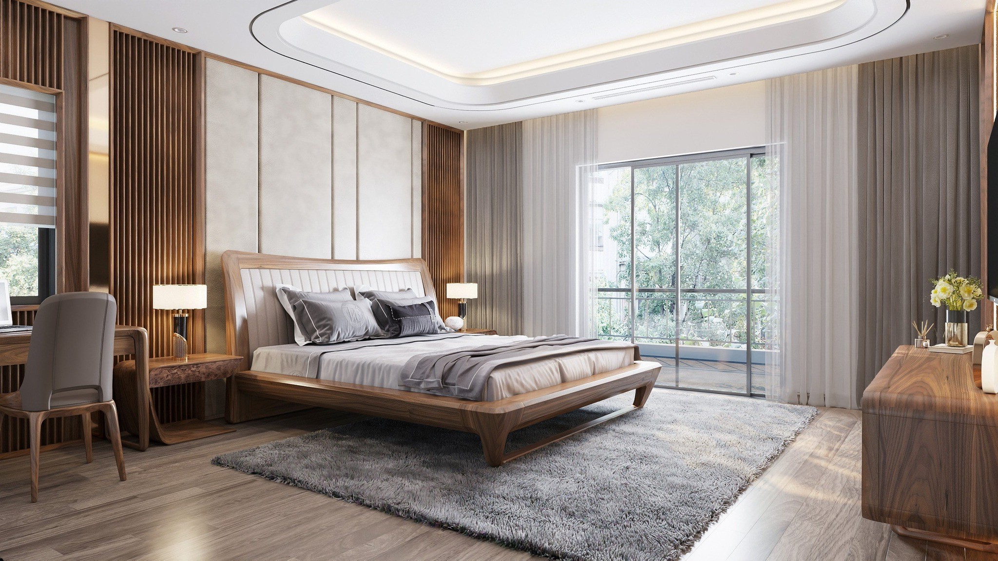 Giường gỗ óc chó hiện đại đẹp với kiểu dáng tối giản và khung giường chắc chắn.