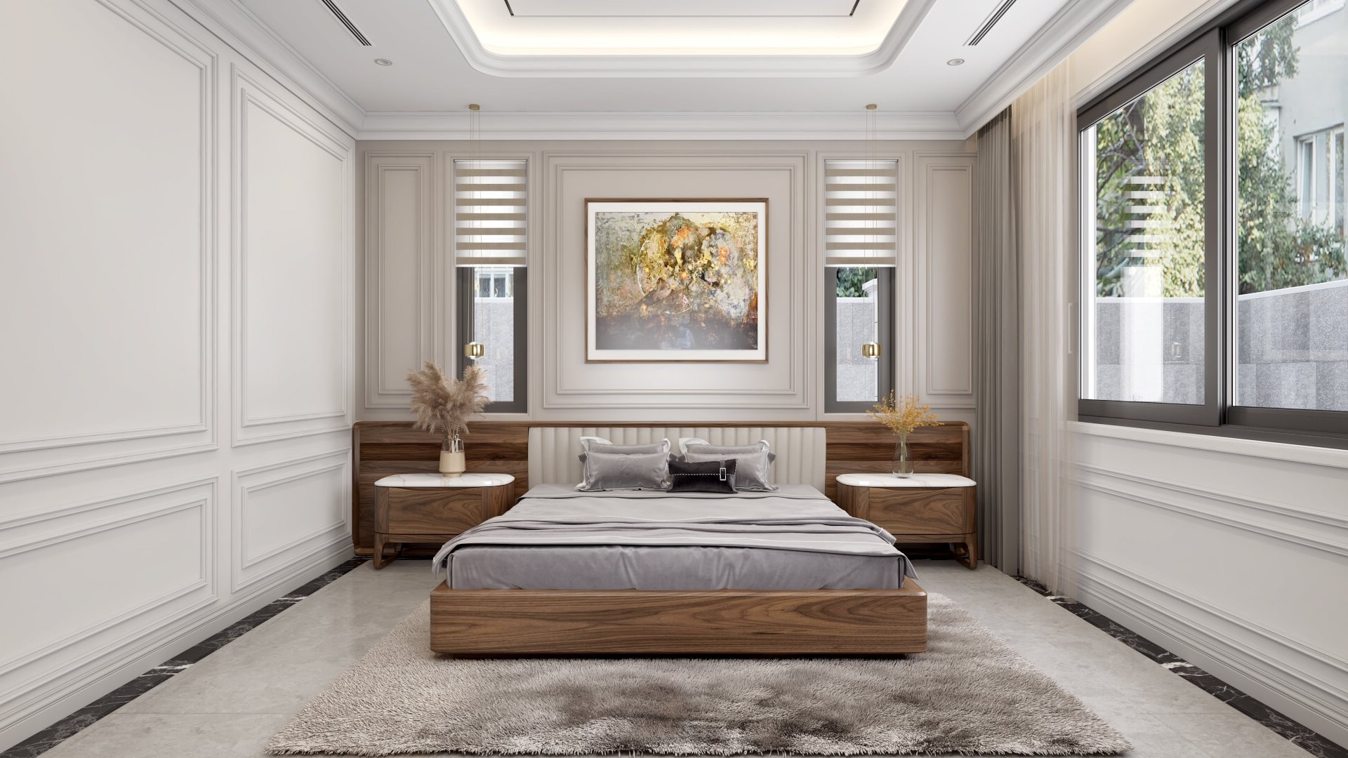 Giường gỗ óc chó hiện đại giá rẻ với thiết kế tối giản nhưng vẫn đảm bảo độ chắc chắn và thẩm mỹ.