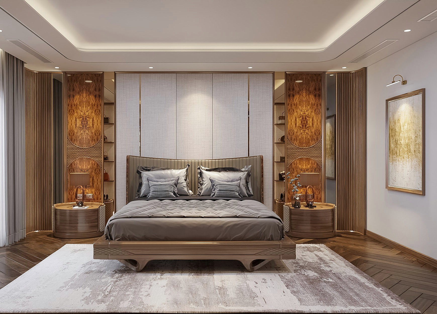 Giường gỗ óc chó thịt hiện đại với kết cấu vững chắc, độ bền cao và màu sắc ấm áp tự nhiên.