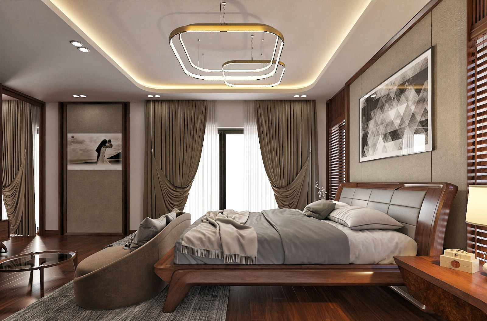 Giường gỗ óc chó tự nhiên với vân gỗ sắc nét, màu nâu trầm ấm áp và kết cấu bền chắc.