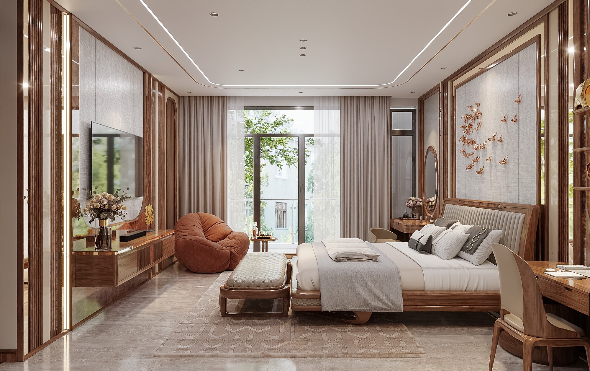 Giường ngủ đẹp bằng gỗ óc chó tinh tế.