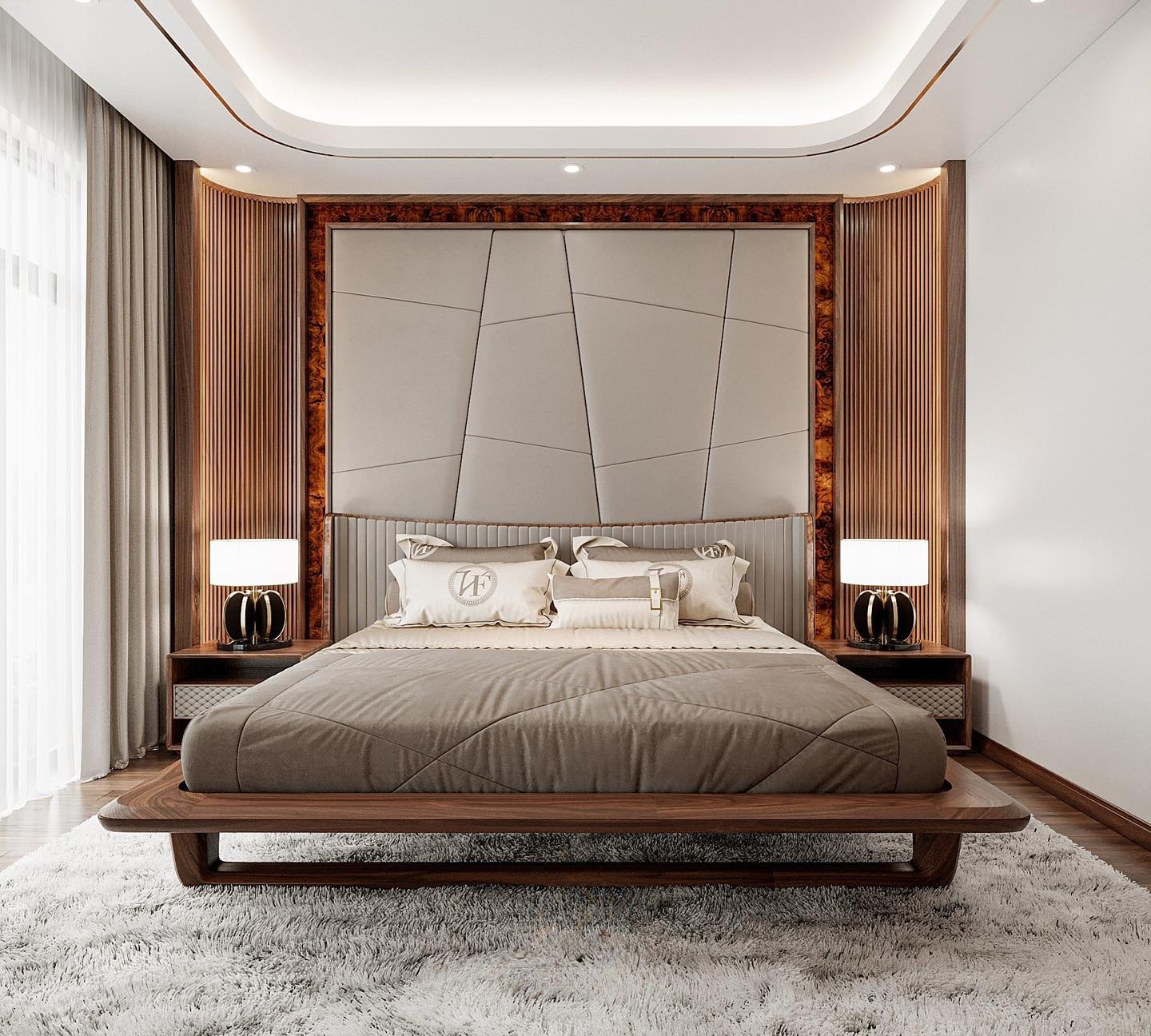 Giường ngủ gỗ óc chó chân cao thông thoáng.