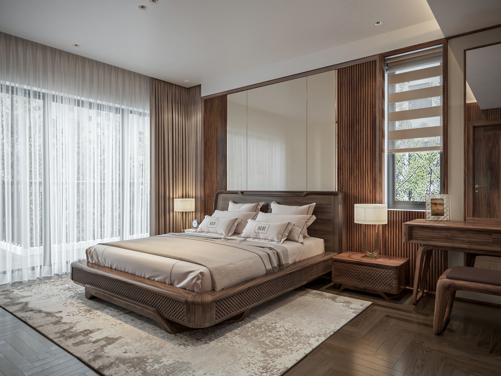 Giường ngủ gỗ óc chó đẹp hiện đại tinh gọn.