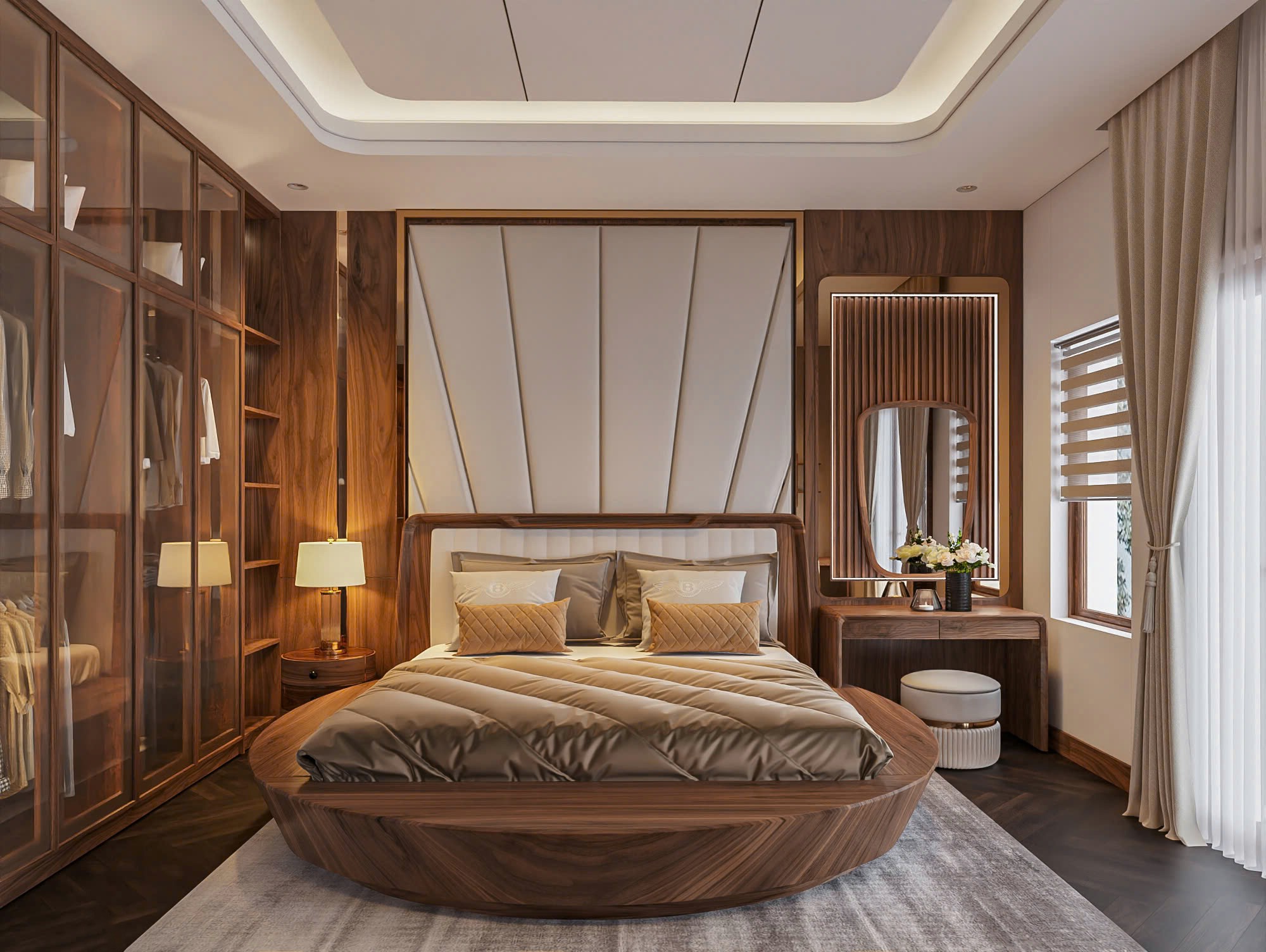 Giường ngủ gỗ óc chó hiện đại cao cấp với thiết kế tinh xảo, màu nâu trầm sang trọng và kết cấu chắc chắn bền vững.