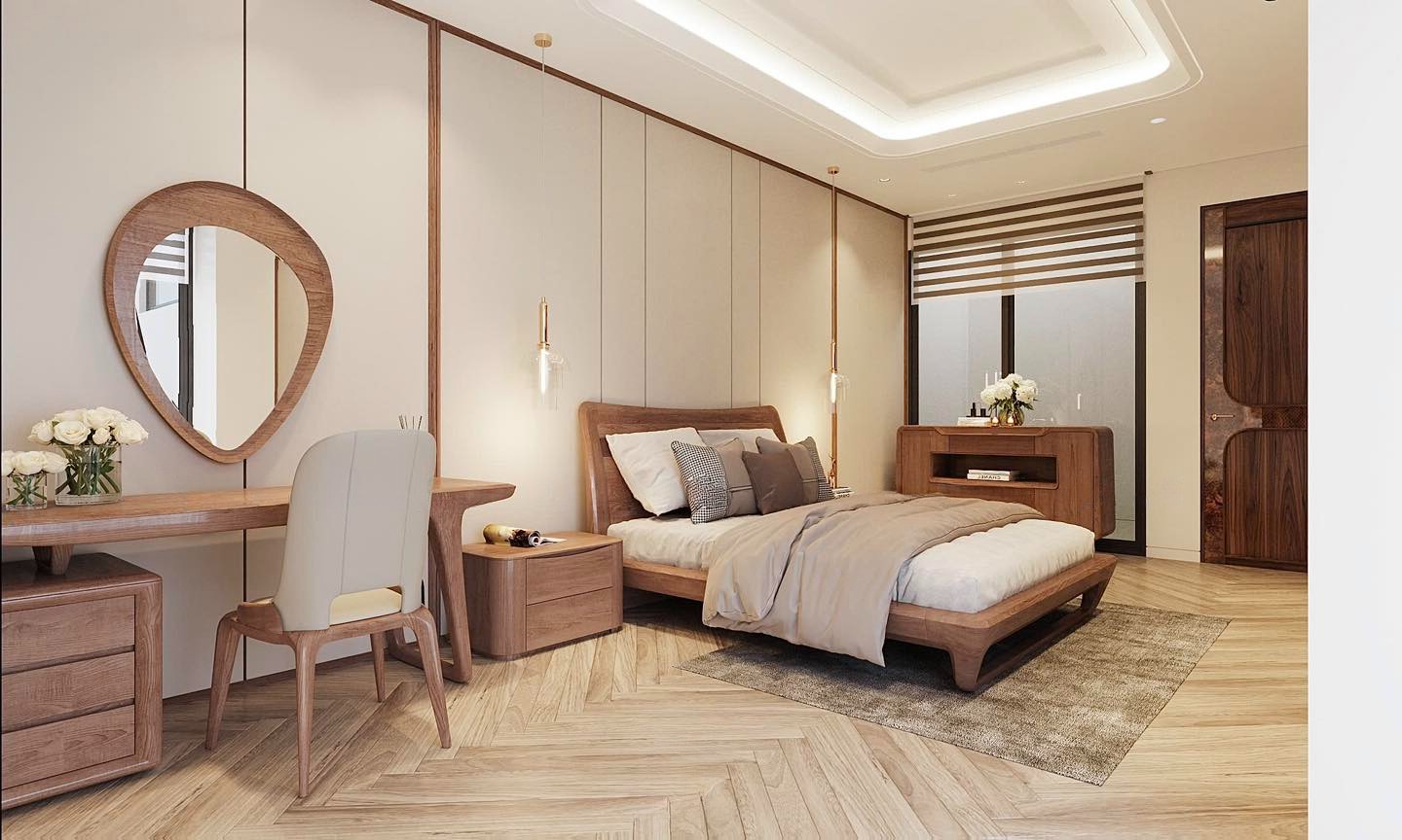 Giường ngủ gỗ óc chó hiện đại đẹp với đầu giường bọc nệm và khung gỗ tự nhiên chắc chắn.