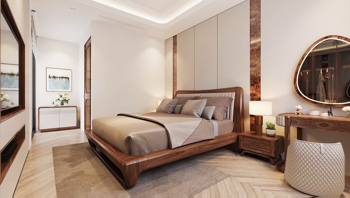 Giường ngủ gỗ óc chó kiểu hiện đại cho phòng ngủ chung cư 25m², tựa lưng bọc da PU trắng kem