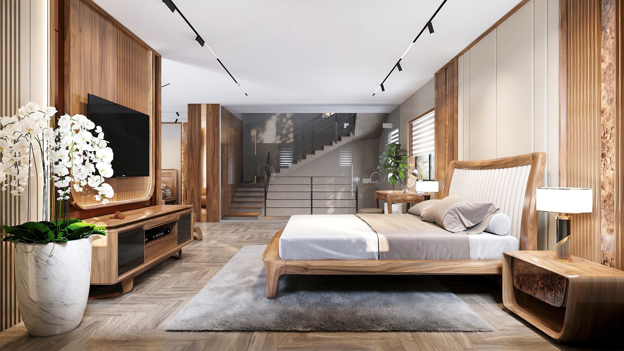 Giường ngủ gỗ óc chó phong cách hiện đại cho phòng ngủ master, tựa đầu giường cao bọc da PU