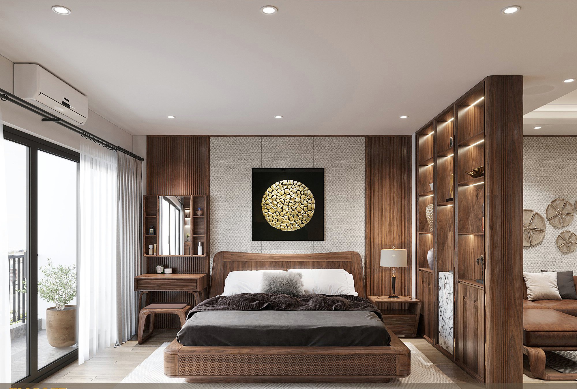 Giường ngủ gỗ óc chó sang trọng bệt hiện đại, khung hộp CNC kẻ caro, tựa đầu giường cao