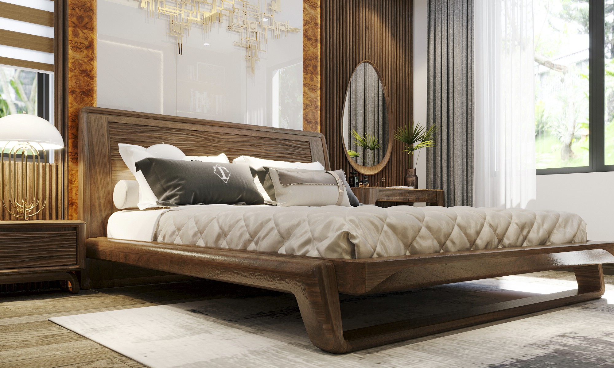 Giường ngủ gỗ óc chó tự nhiên cao cấp, tựa đầu giường CNC sóng, khung gỗ dày