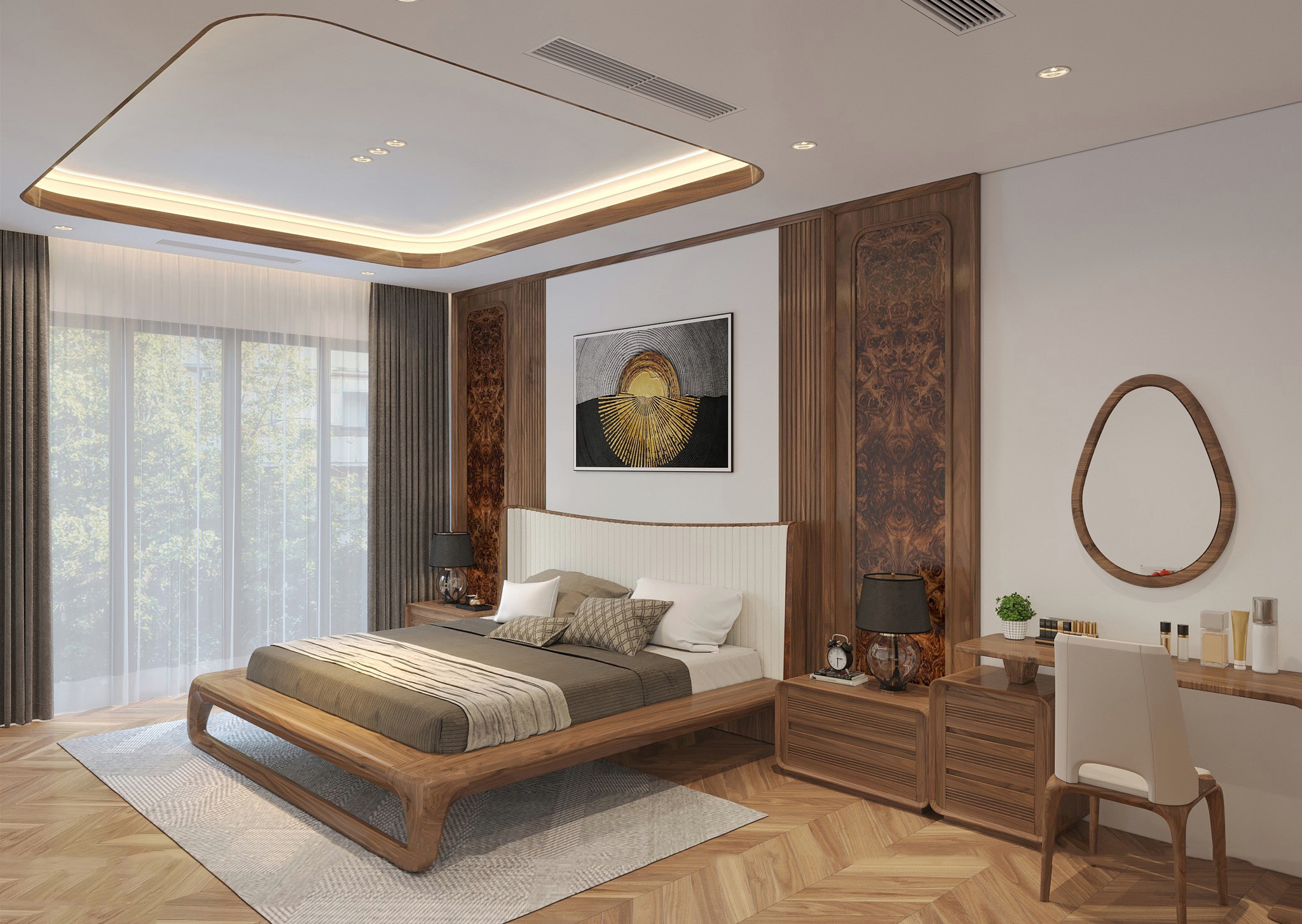 Giường ngủ gỗ óc chó tự nhiên hiện đại cho phòng ngủ master, khung gỗ dày liền khối