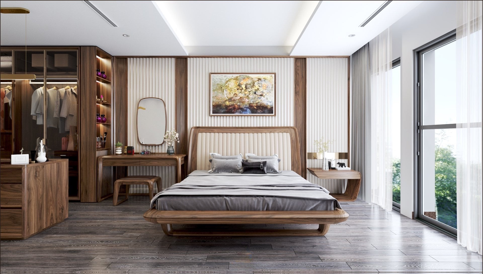 Giường ngủ gỗ óc chó tự nhiên màu nâu vàng, thiết kế hiện đại cho phòng ngủ 30m²