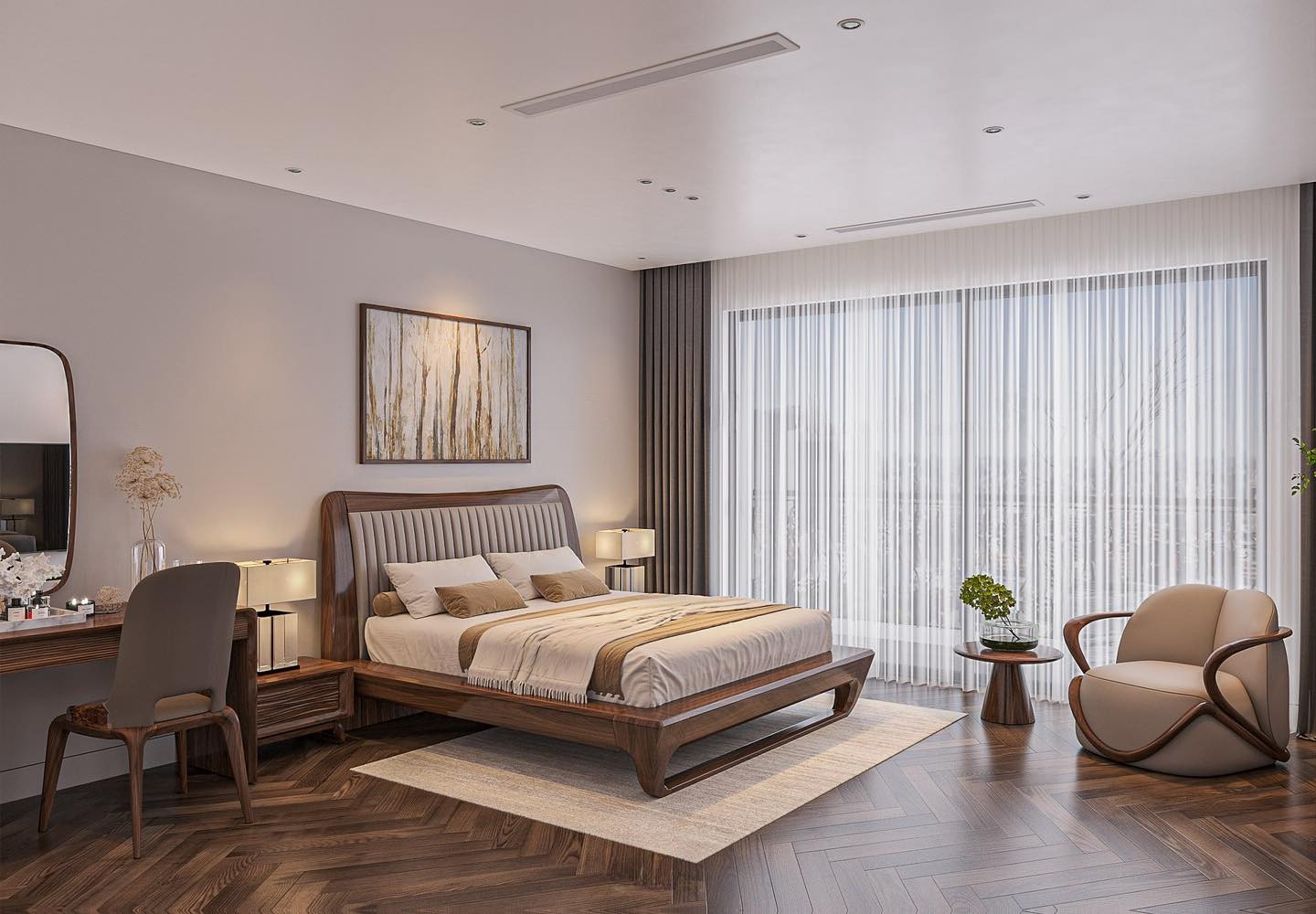 Giường ngủ hiện đại bằng gỗ óc chó thiết kế tối giản, phù hợp phòng ngủ chung cư và nhà phố.