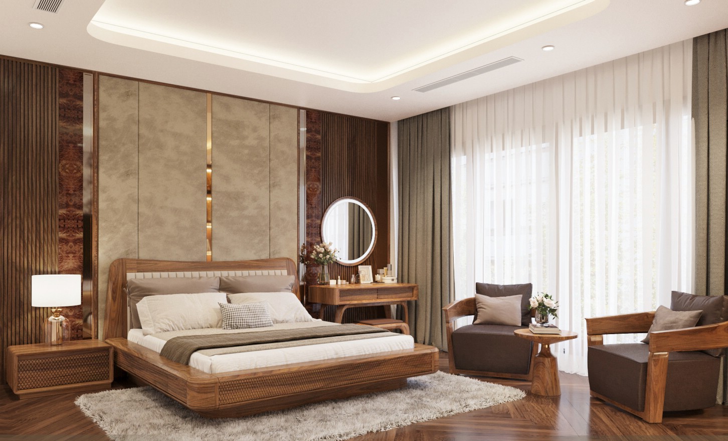 Giường ngủ phòng master gỗ óc chó sang trọng.