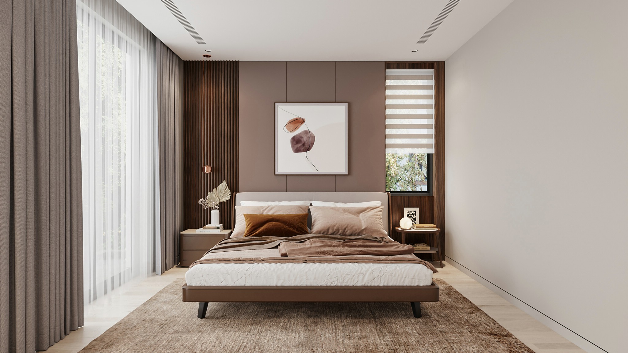 Giường ngủ thấp gỗ óc chó chân kim loại đen, tựa đầu giường bọc da trắng kem