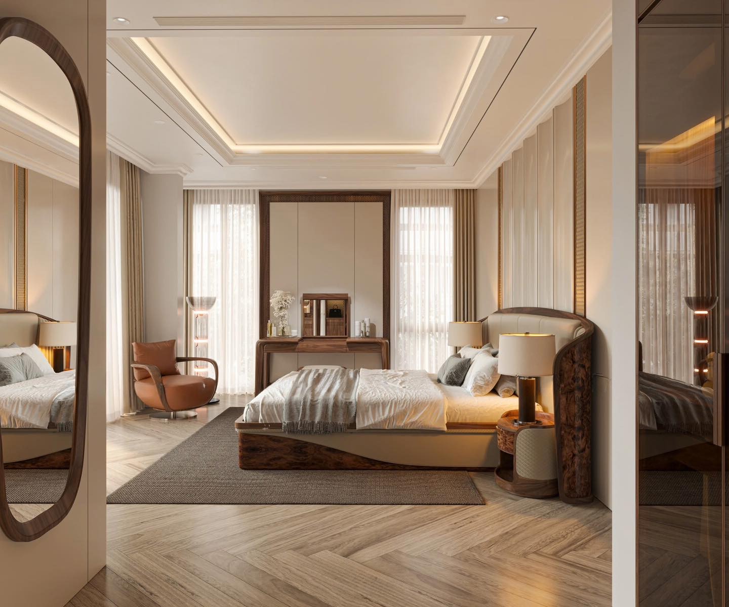 giường óc chó thiết kế hiện đại kết hợp da PU và veneer vân nu
