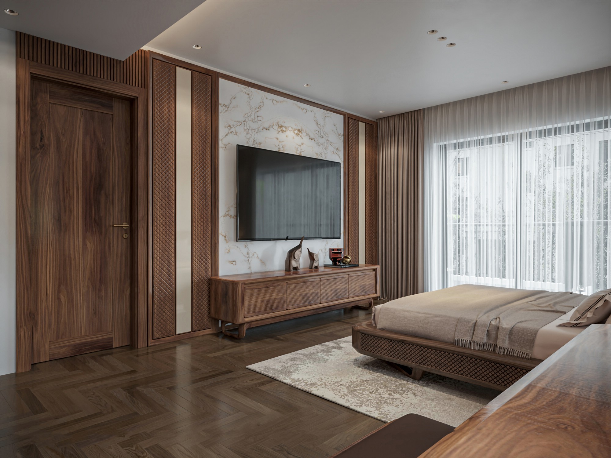 Kệ tivi bằng gỗ óc chó đẹp cho phòng ngủ, thiết kế hiện đại đơn giản