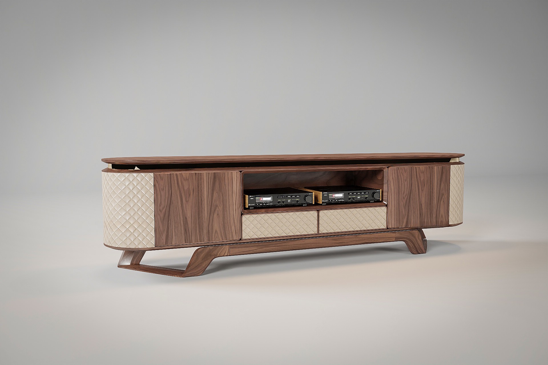 Kệ tivi cao cấp gỗ óc chó mặt bầu dục viền kim loại mạ vàng