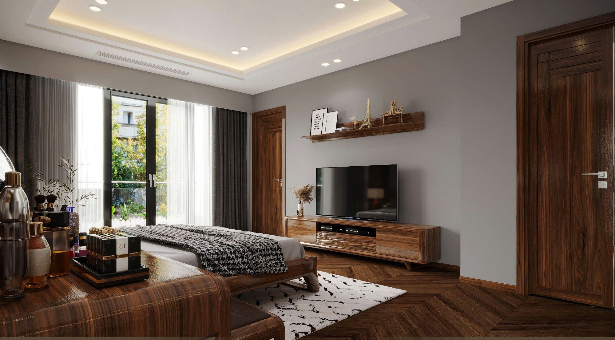 Kệ tivi cho chung cư gỗ óc chó phòng ngủ master