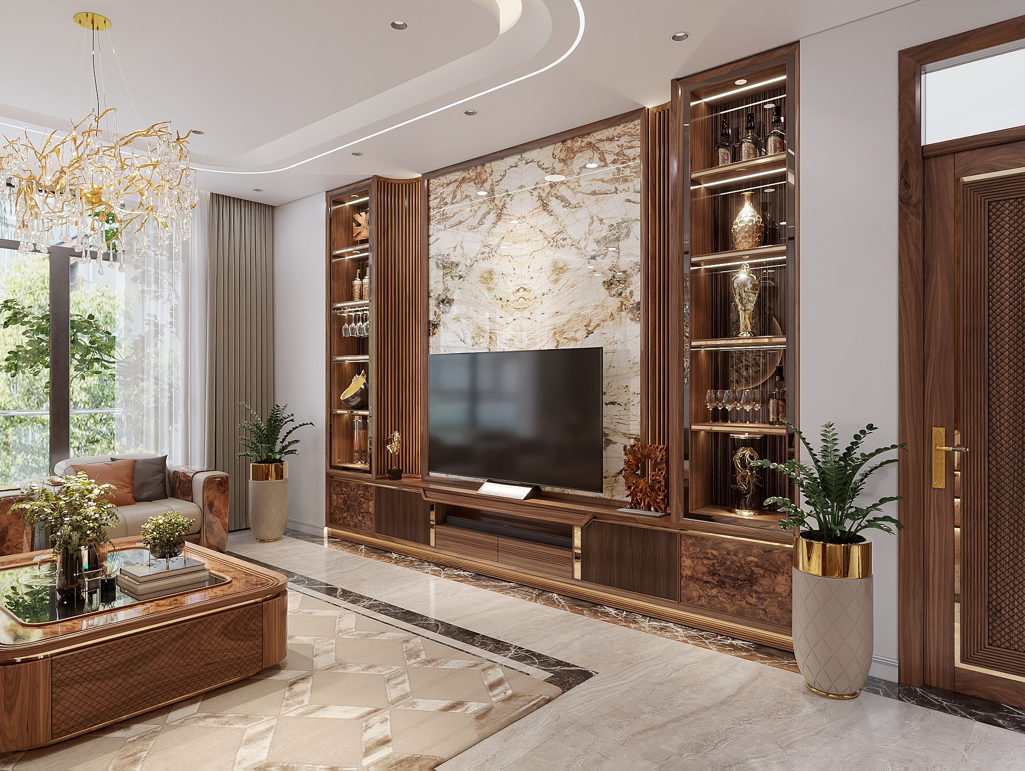 Kệ tivi chung cư gỗ óc chó hiện đại kết hợp tủ rượu