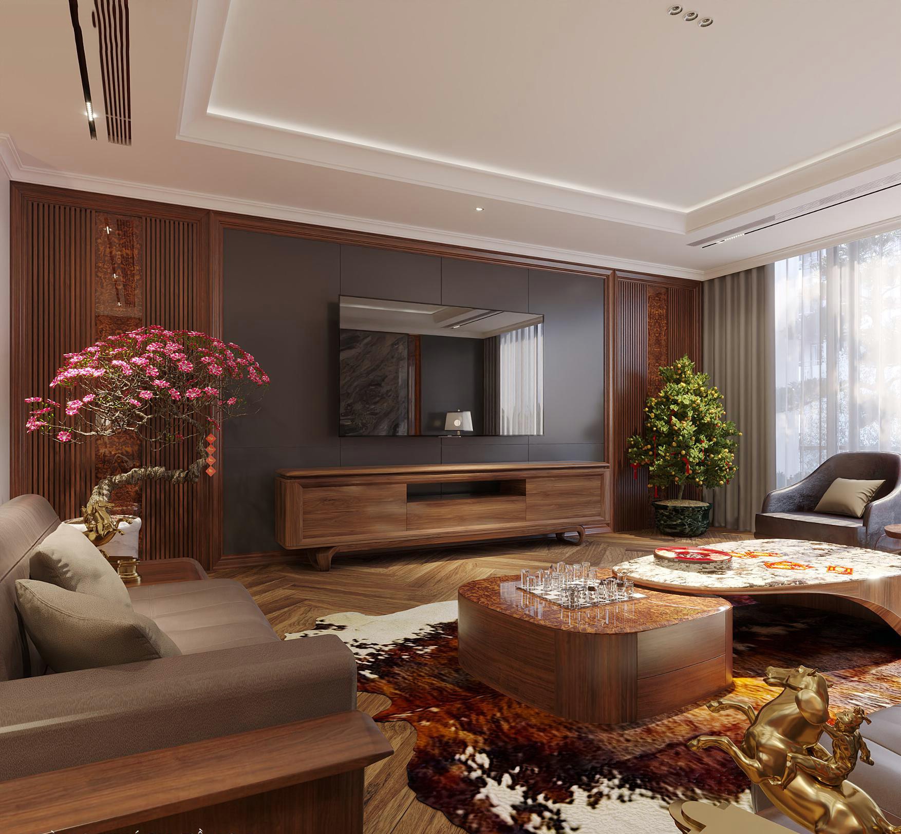 Kệ tivi đẹp bằng gỗ óc chó trong phòng khách