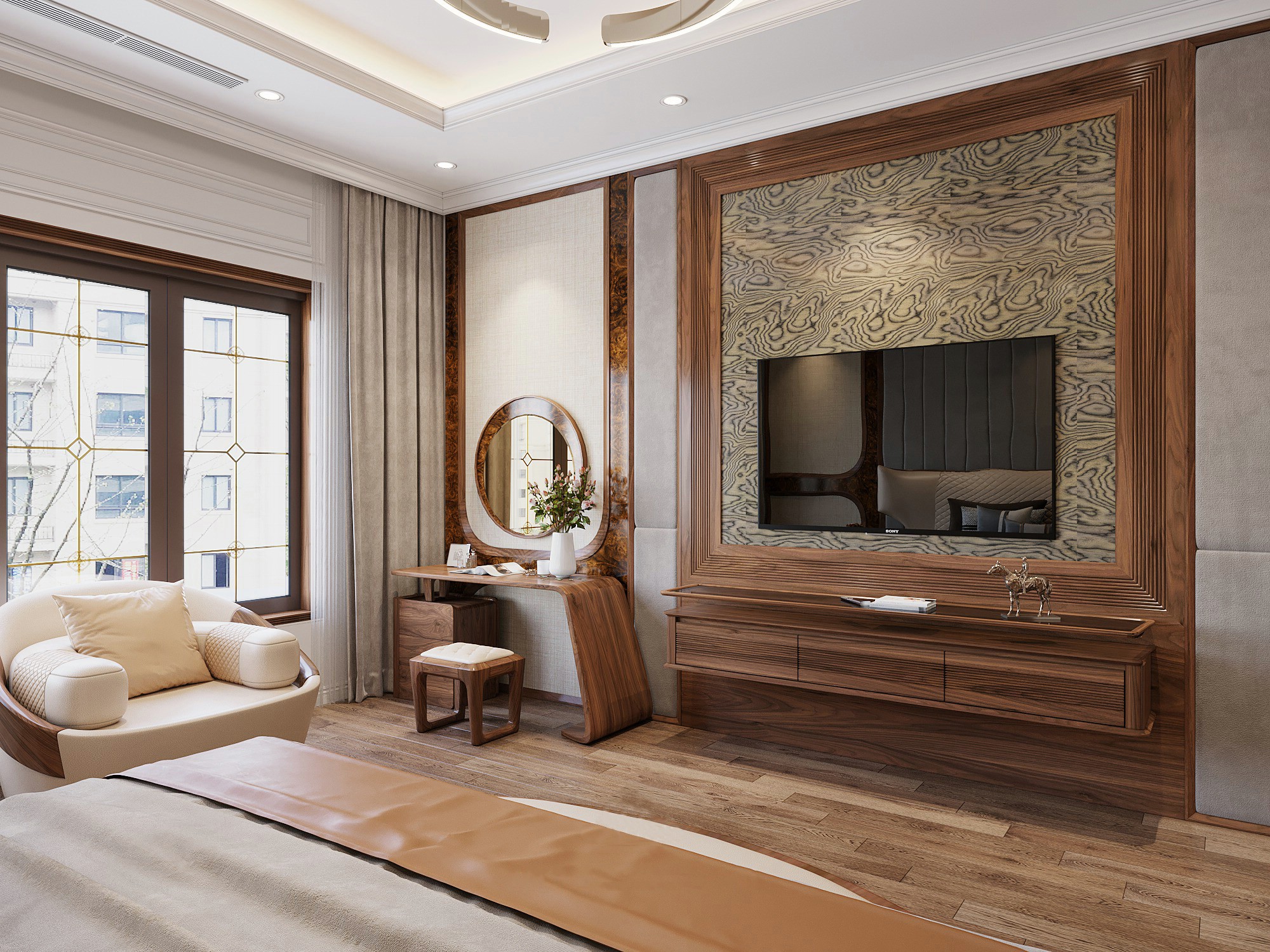 Kệ tivi gỗ óc chó treo tường cho phòng ngủ căn hộ chung cư