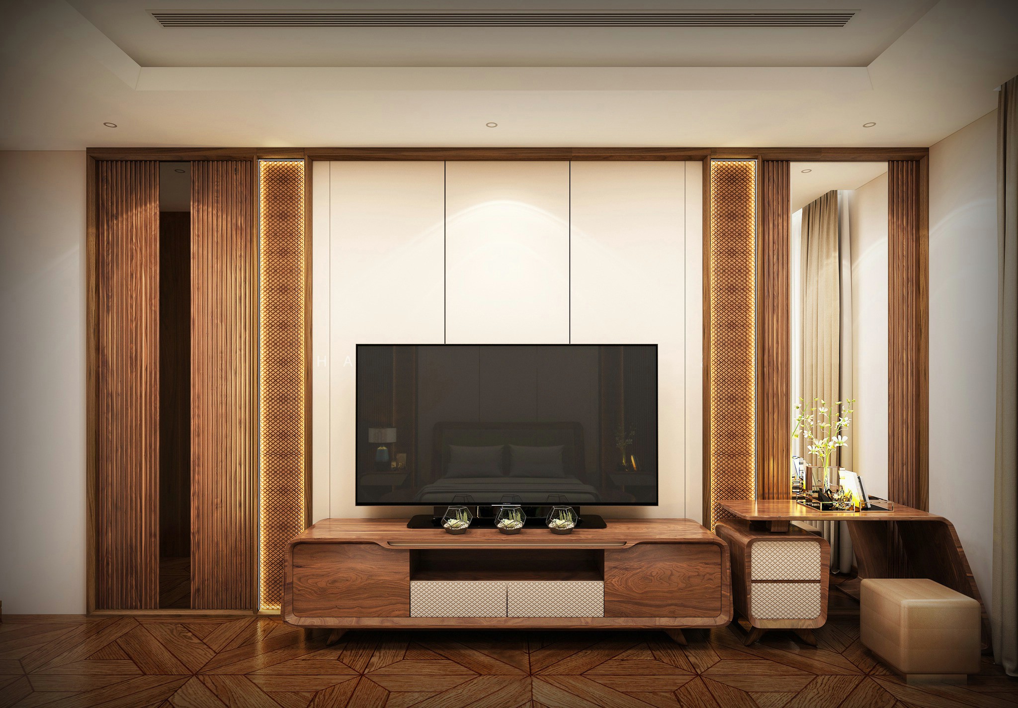 Kệ tivi gỗ óc chó đẹp đơn giản với thiết kế cân đối, tạo sự ấm cúng cho phòng khách.