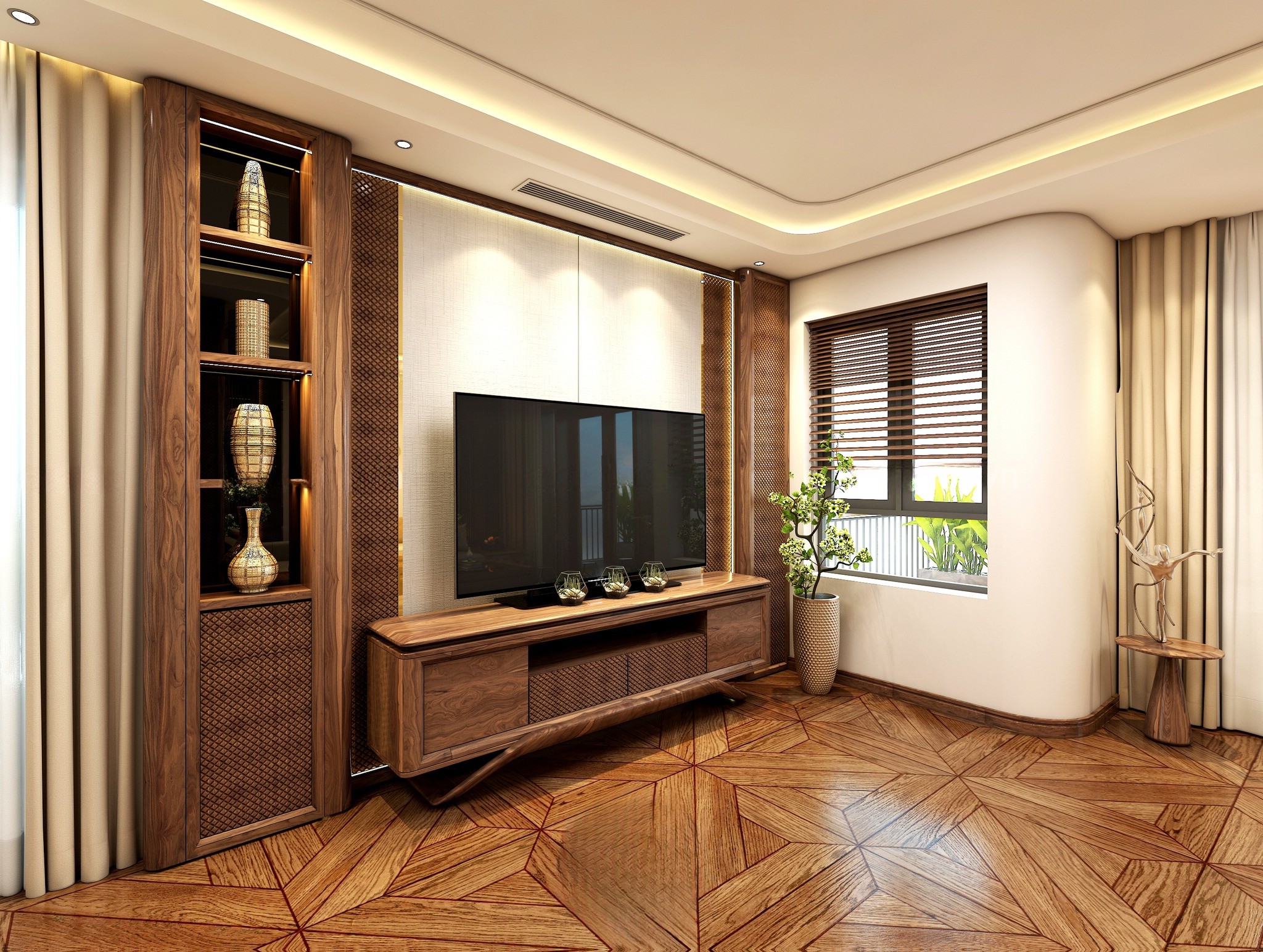 Kệ tivi gỗ óc chó đơn giản hiện đại với kiểu dáng gọn gàng, phù hợp phòng khách diện tích vừa và nhỏ.