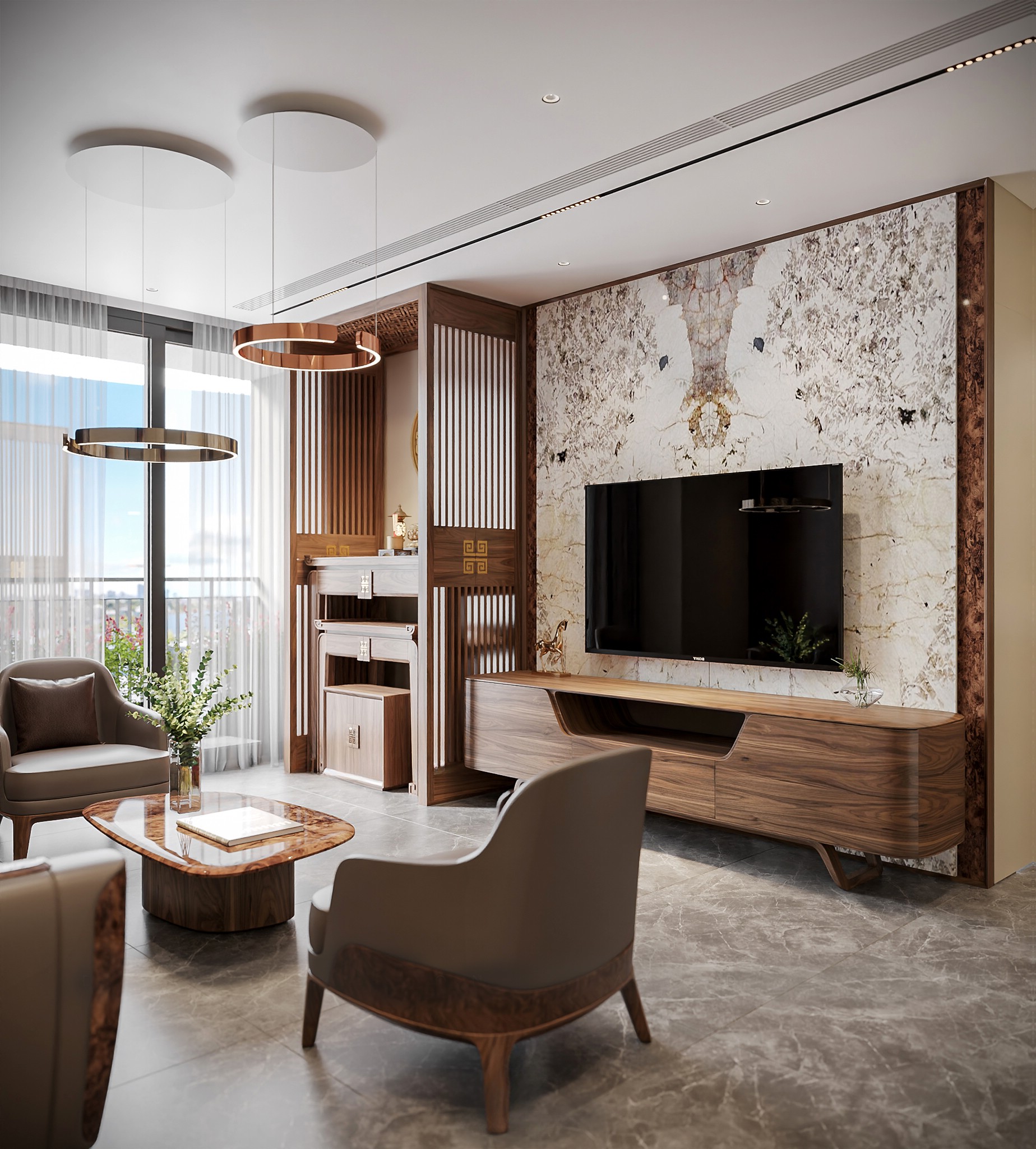 Kệ tivi gỗ óc chó đơn giản thiết kế gọn gàng, phù hợp nhiều phong cách trang trí nội thất.