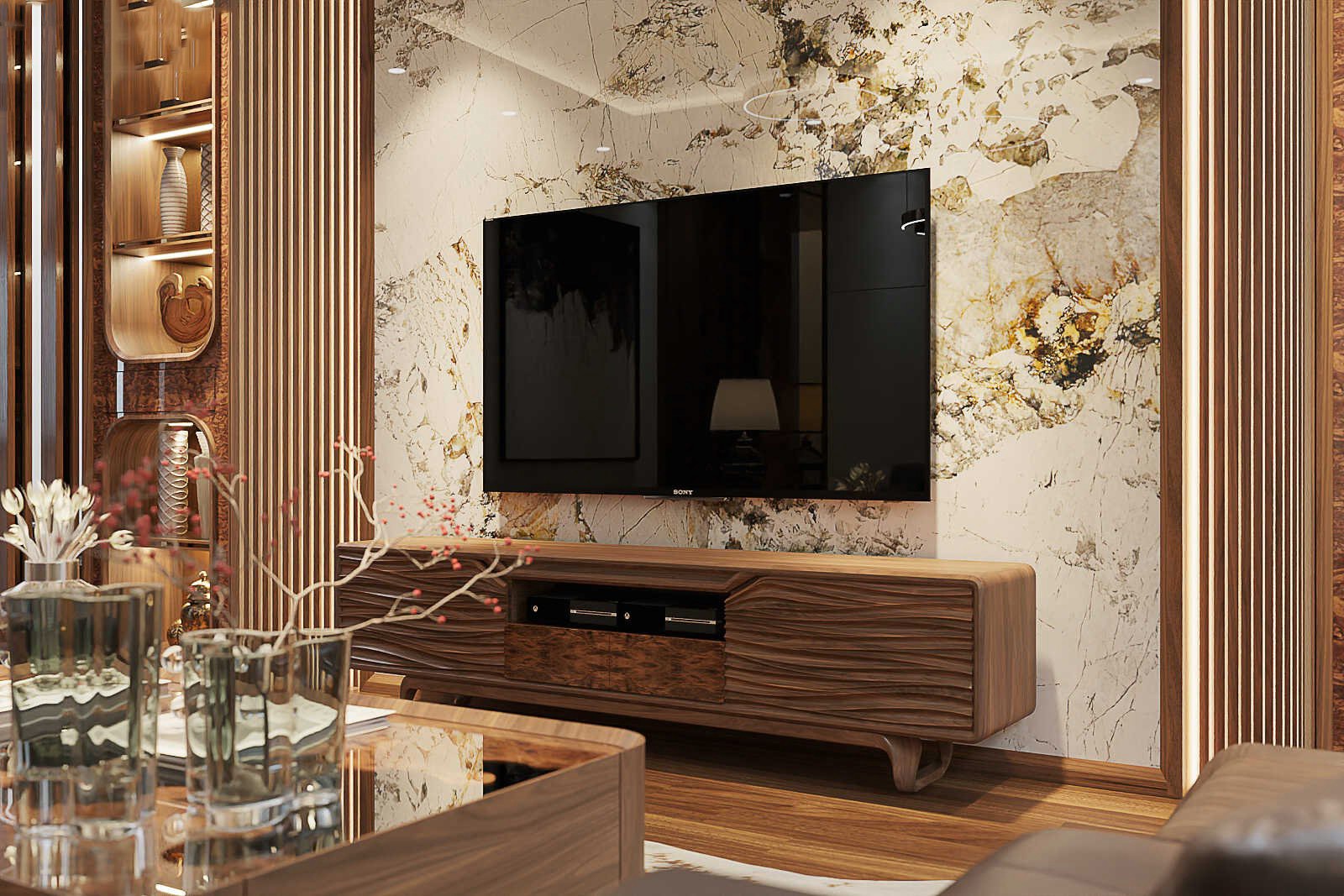 Kệ tivi gỗ óc chó hiện đại cho phòng khách chung cư