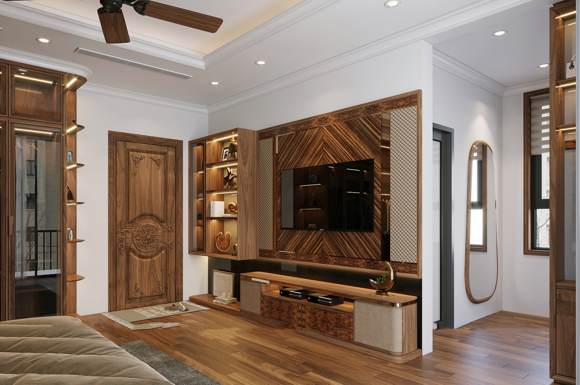 Kệ tivi gỗ óc chó sang trọng hiện đại với thiết kế tinh tế, gam màu nâu trầm đặc trưng và đường nét tối giản cao cấp.