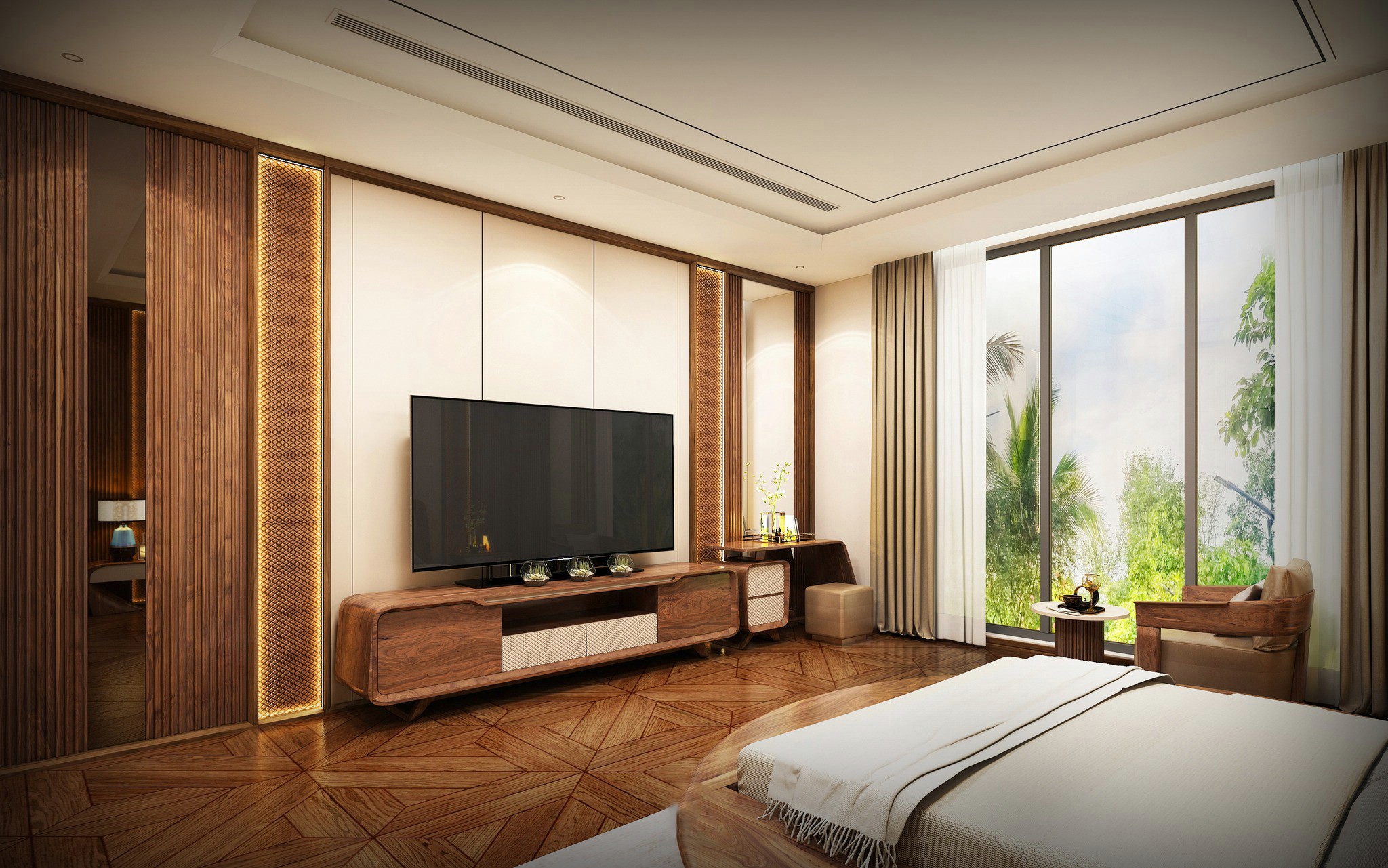 Kệ tivi gỗ óc chó sang trọng trong phòng ngủ