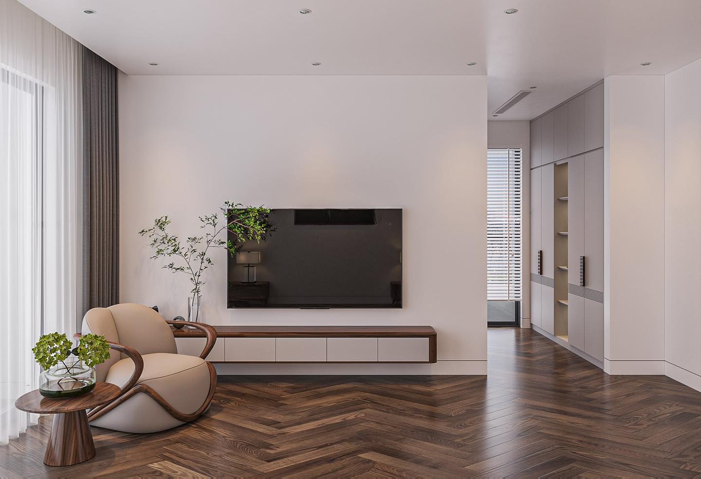 Kệ tivi gỗ óc chó treo tường hiện đại thiết kế thanh thoát, tạo cảm giác rộng rãi cho phòng khách.