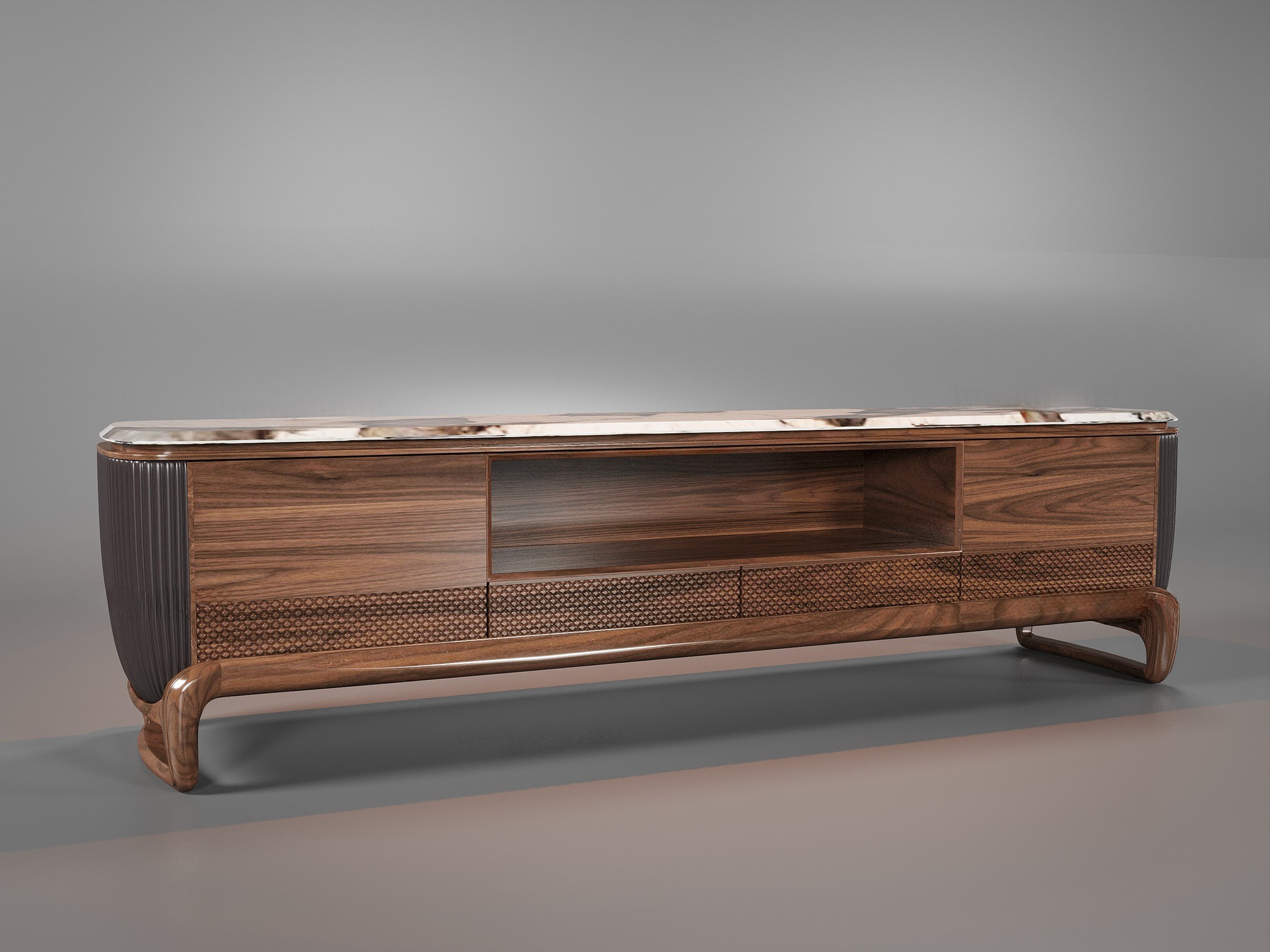 Kệ tivi gỗ óc chó tự nhiên cao cấp với vân gỗ nổi bật và lớp sơn hoàn thiện bền đẹp theo thời gian.