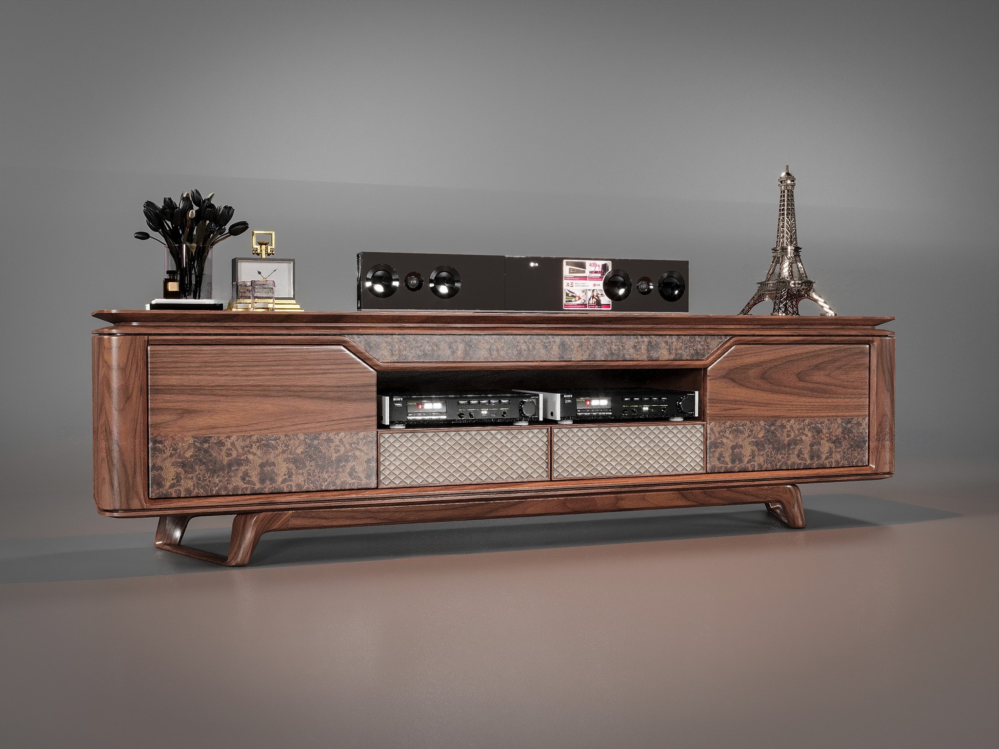 Kệ tivi gỗ óc chó tự nhiên hiện đại với vân gỗ sắc nét và kiểu dáng thanh thoát.