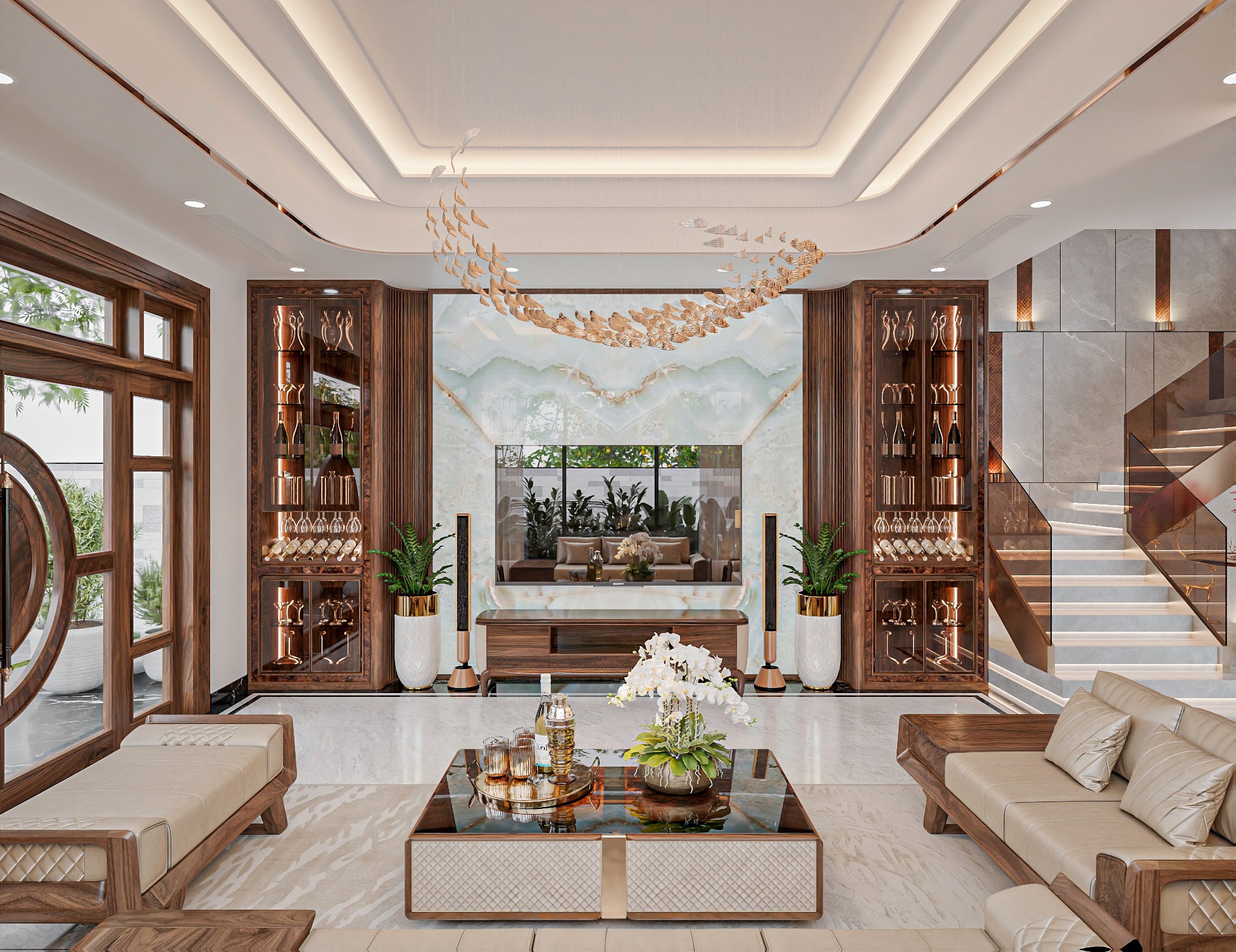 Kệ tivi kết hợp tủ rượu gỗ óc chó phòng khách