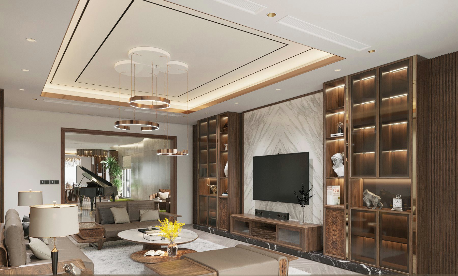 Kệ tivi phòng khách gỗ óc chó hiện đại thiết kế tinh giản, vân gỗ tự nhiên nổi bật và bố cục cân đối.