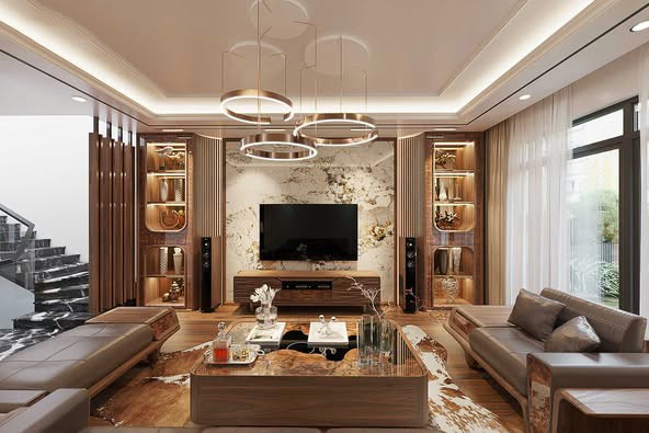 Kệ tivi phòng khách gỗ óc chó thiết kế tinh giản và bền đẹp.