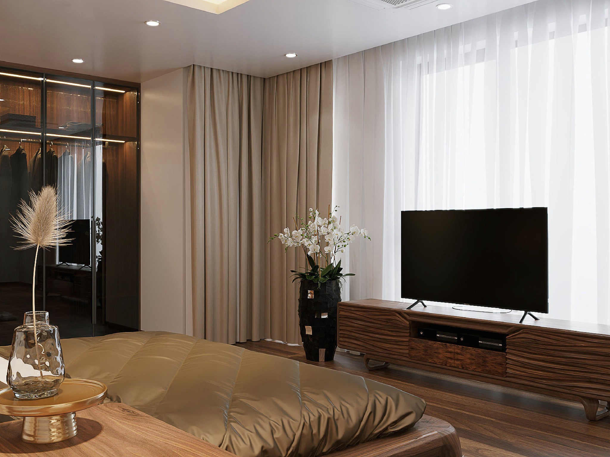 Kệ tivi phòng ngủ gỗ óc chó hiện đại thiết kế đơn giản và chắc chắn.