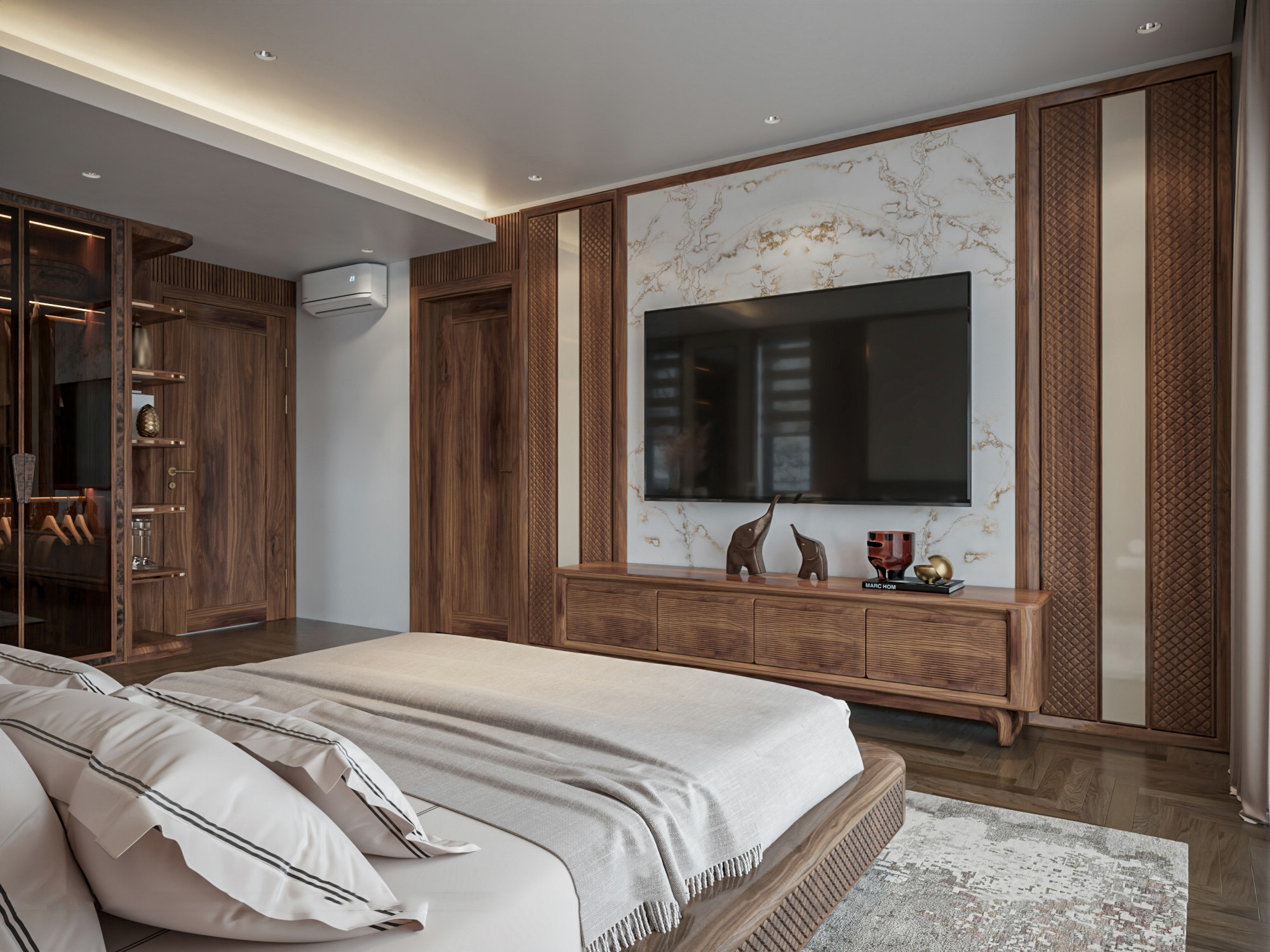 Kệ tivi phòng ngủ gỗ óc chó thiết kế treo gọn gàng.