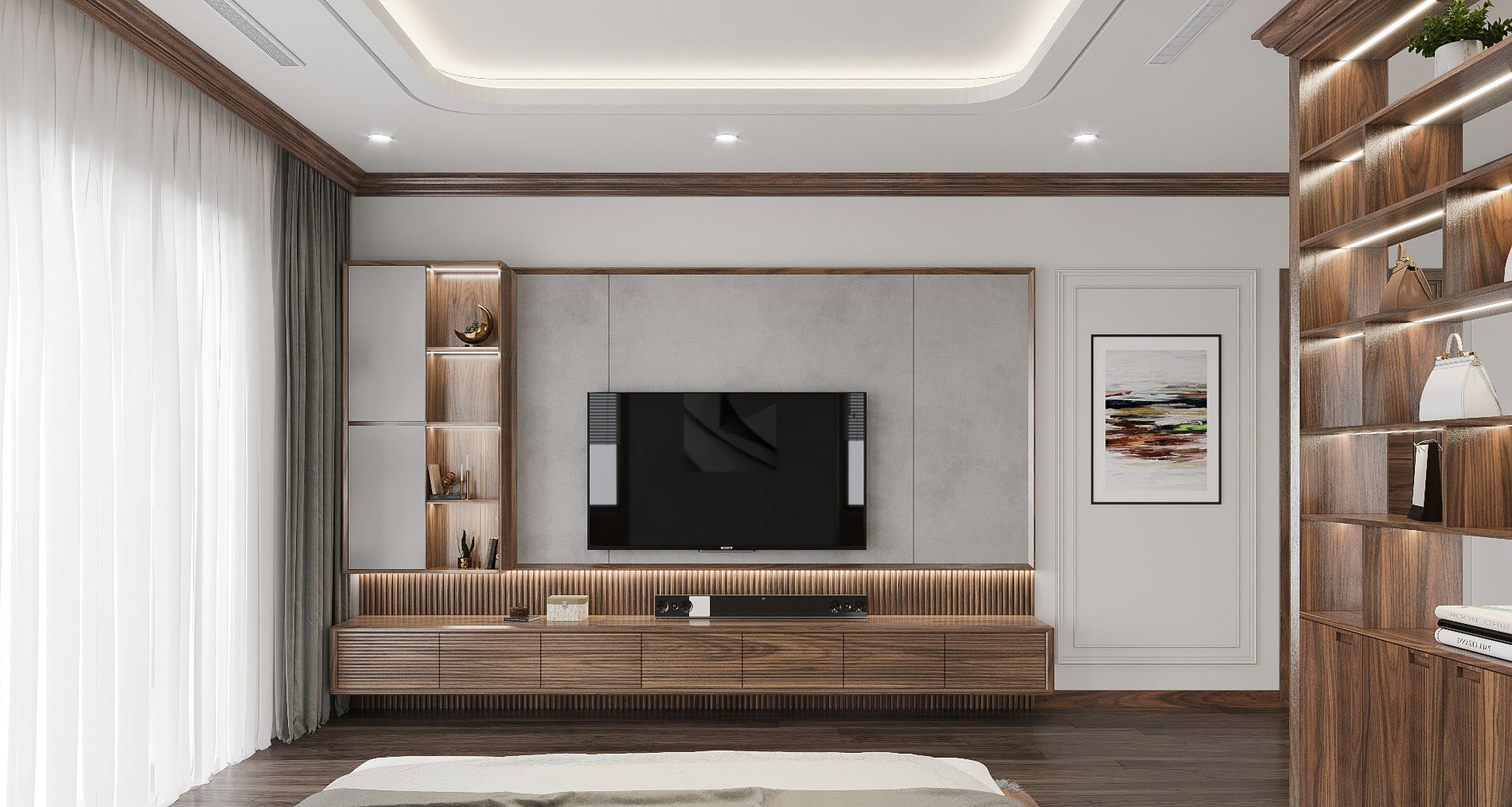 Kệ tivi treo gỗ óc chó hiện đại