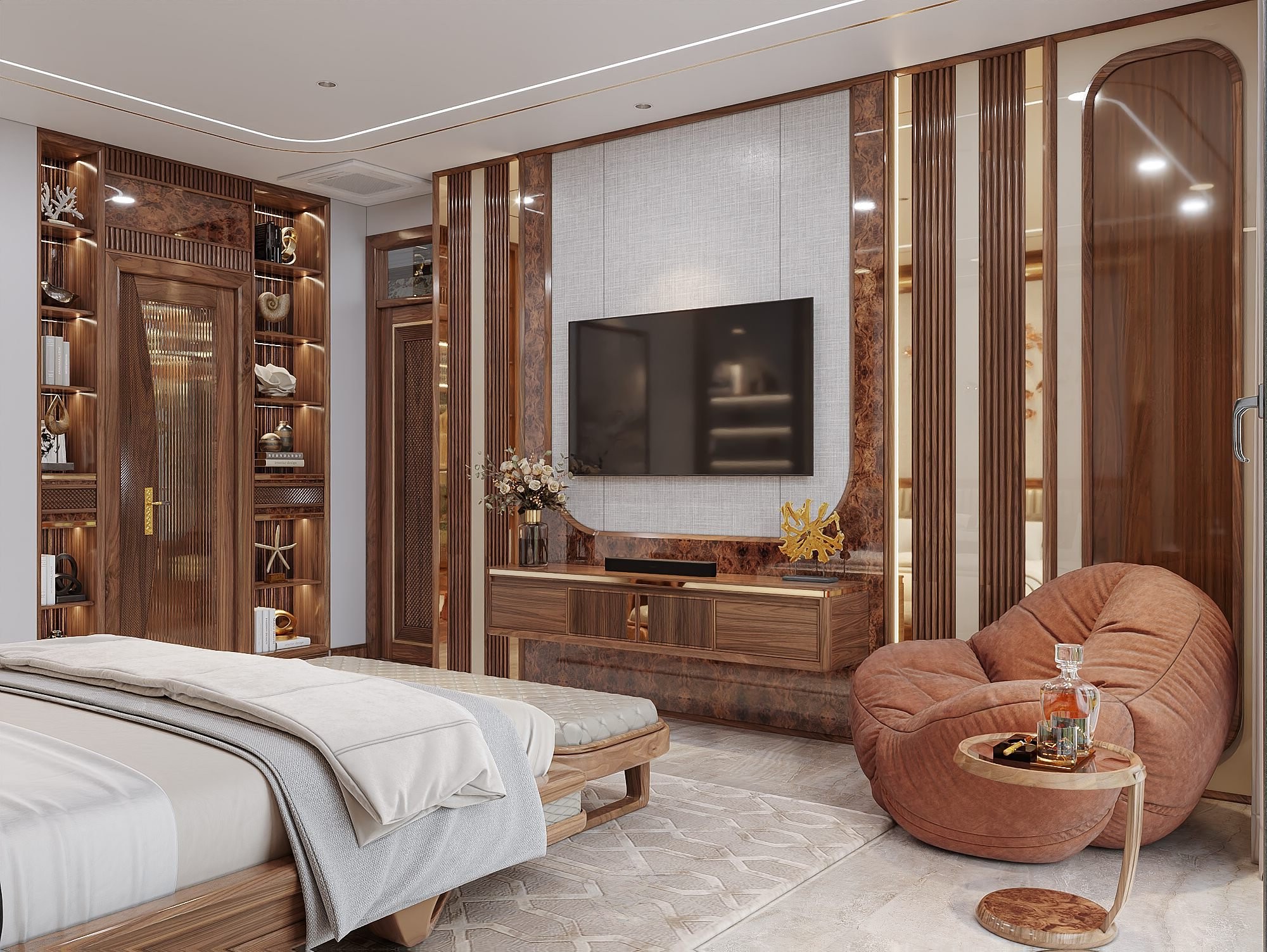 Kệ tivi treo tường gỗ óc chó trong phòng ngủ