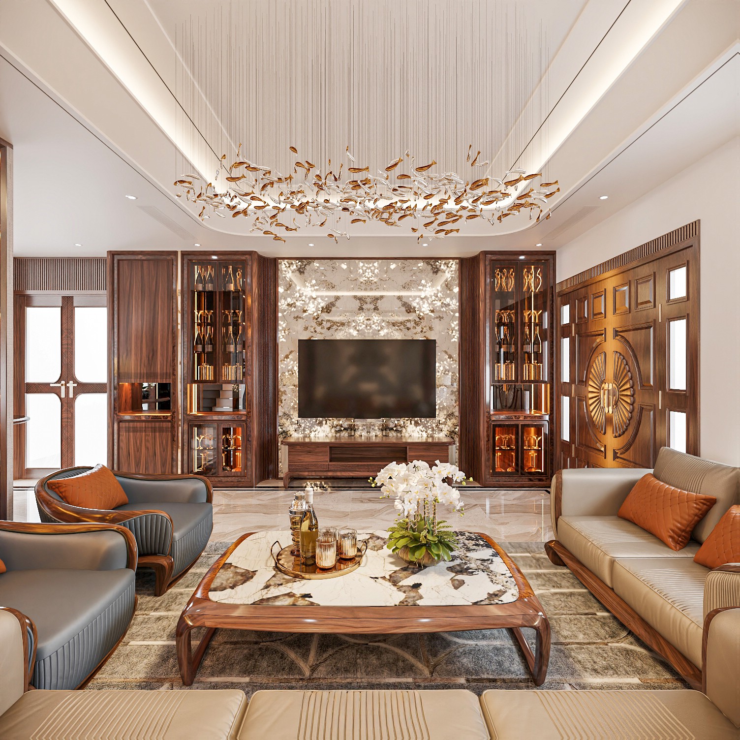 Kệ tivi tủ rượu gỗ óc chó trong phòng khách